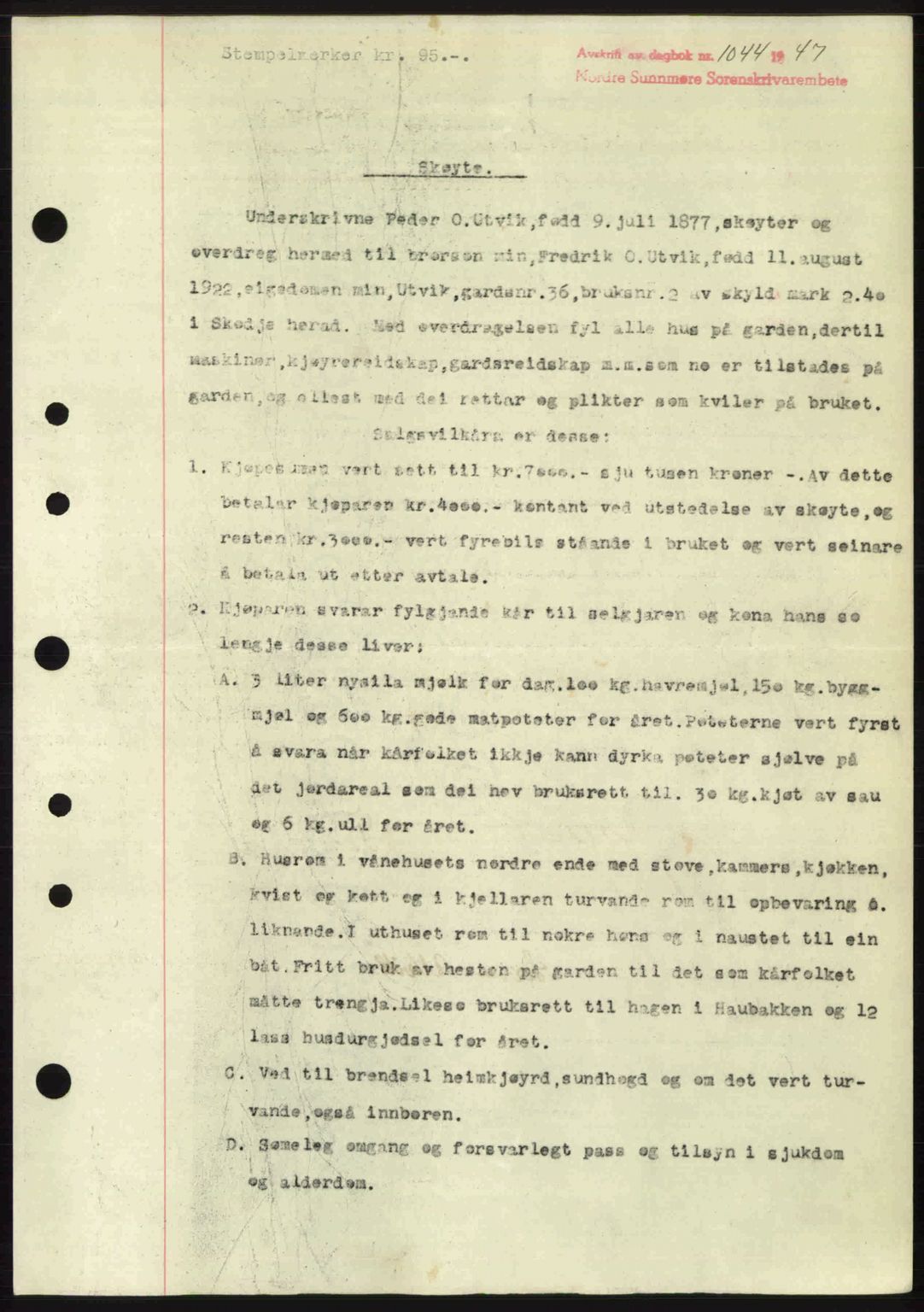 Nordre Sunnmøre sorenskriveri, AV/SAT-A-0006/1/2/2C/2Ca: Mortgage book no. A24, 1947-1947, Diary no: : 1044/1947