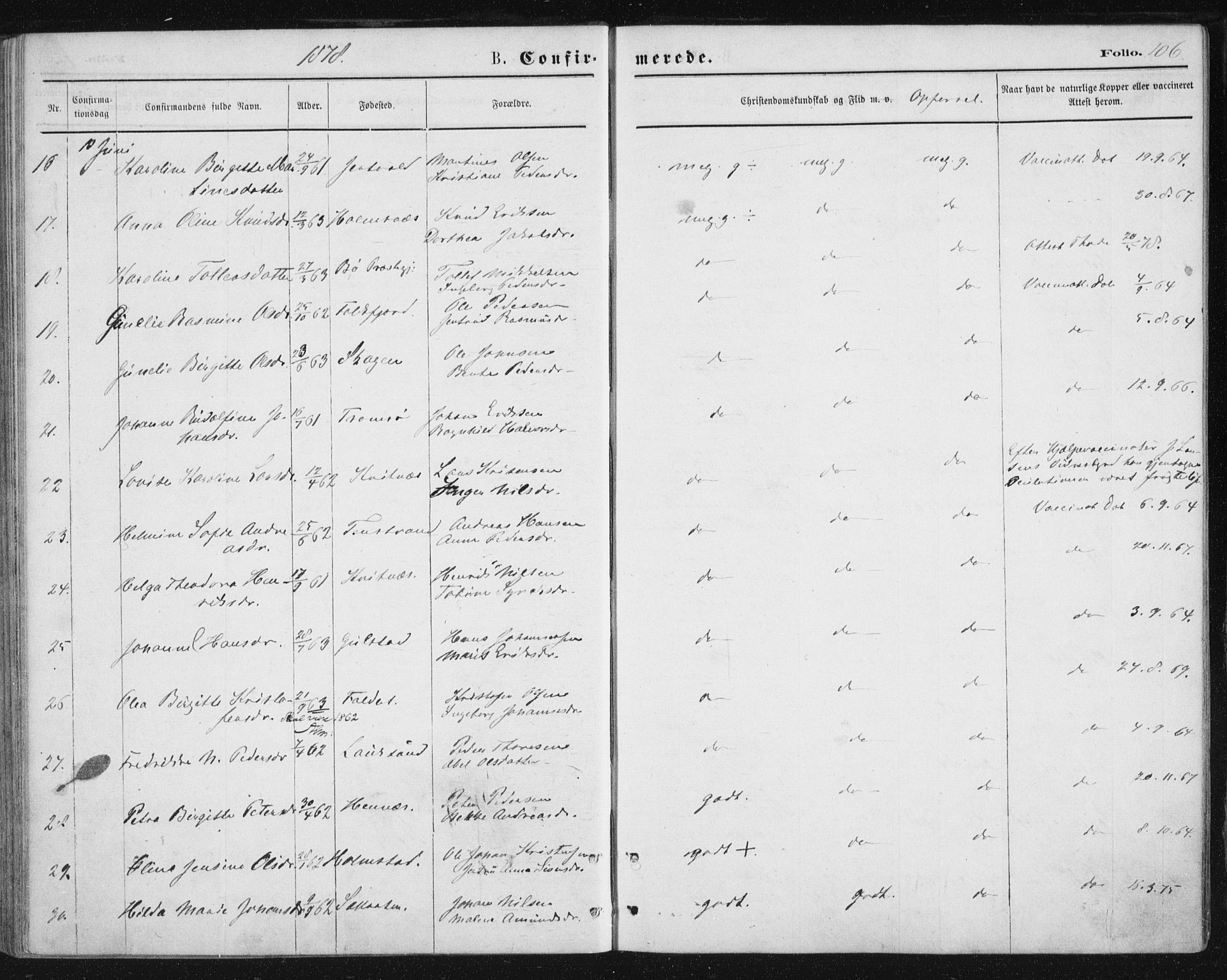 Ministerialprotokoller, klokkerbøker og fødselsregistre - Nordland, SAT/A-1459/888/L1243: Parish register (official) no. 888A09, 1876-1879, p. 106