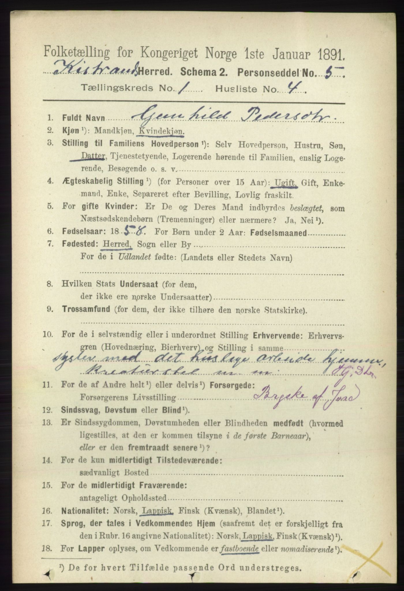 RA, 1891 census for 2020 Kistrand, 1891, p. 105