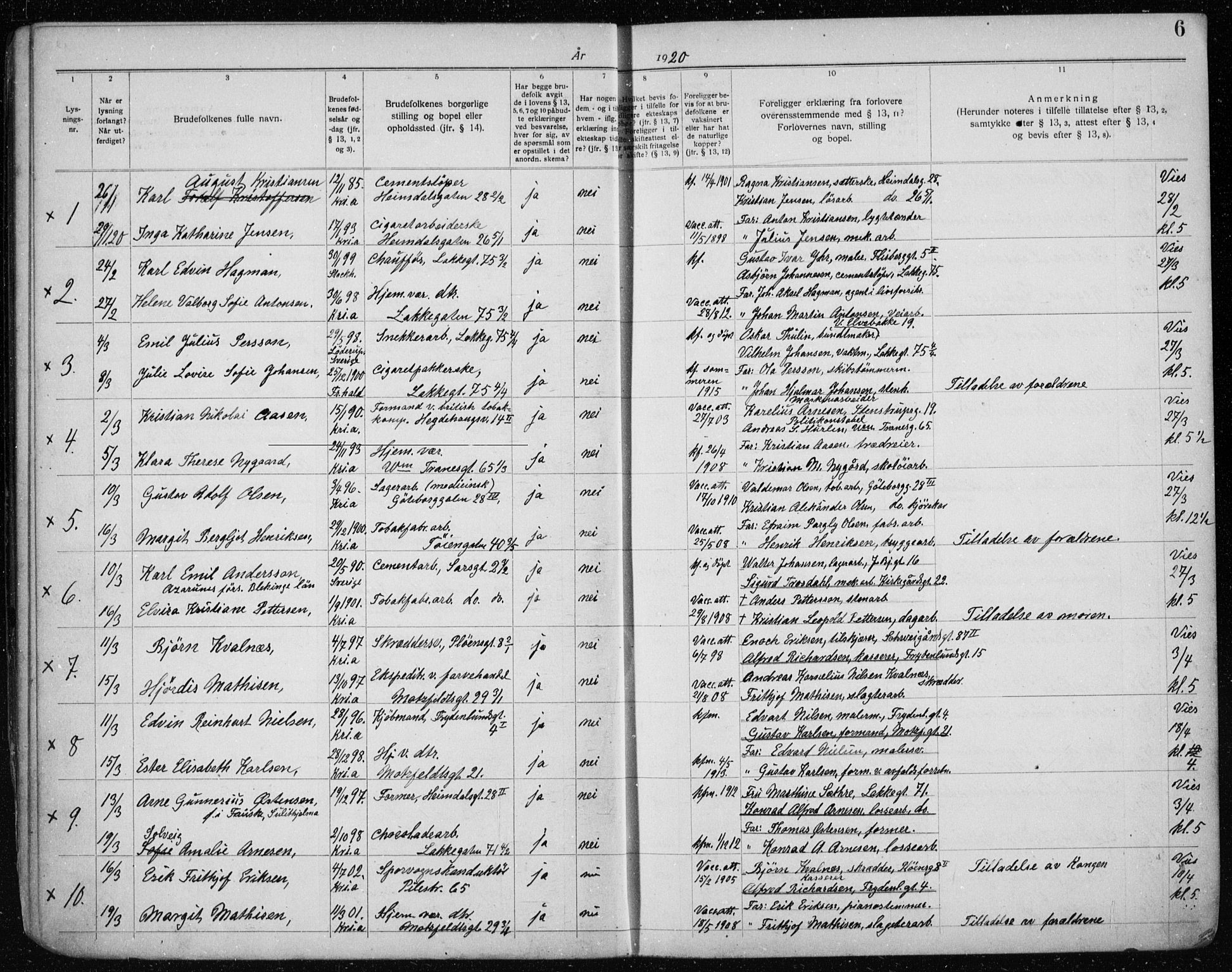 Tøyen prestekontor Kirkebøker, SAO/A-10167a/H/Ha/L0001: Banns register no. 1, 1919-1937, p. 6