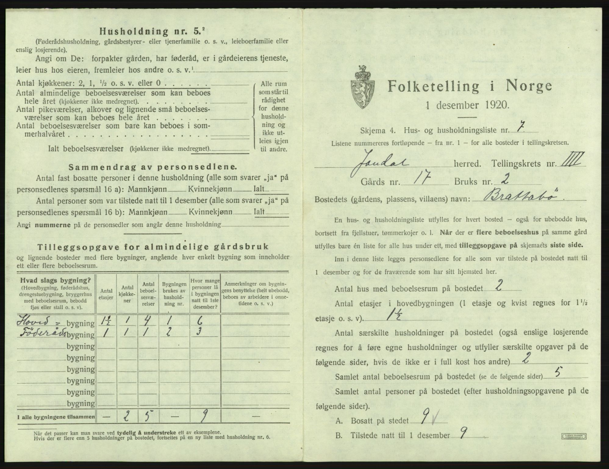 SAB, 1920 census for Jondal, 1920, p. 314