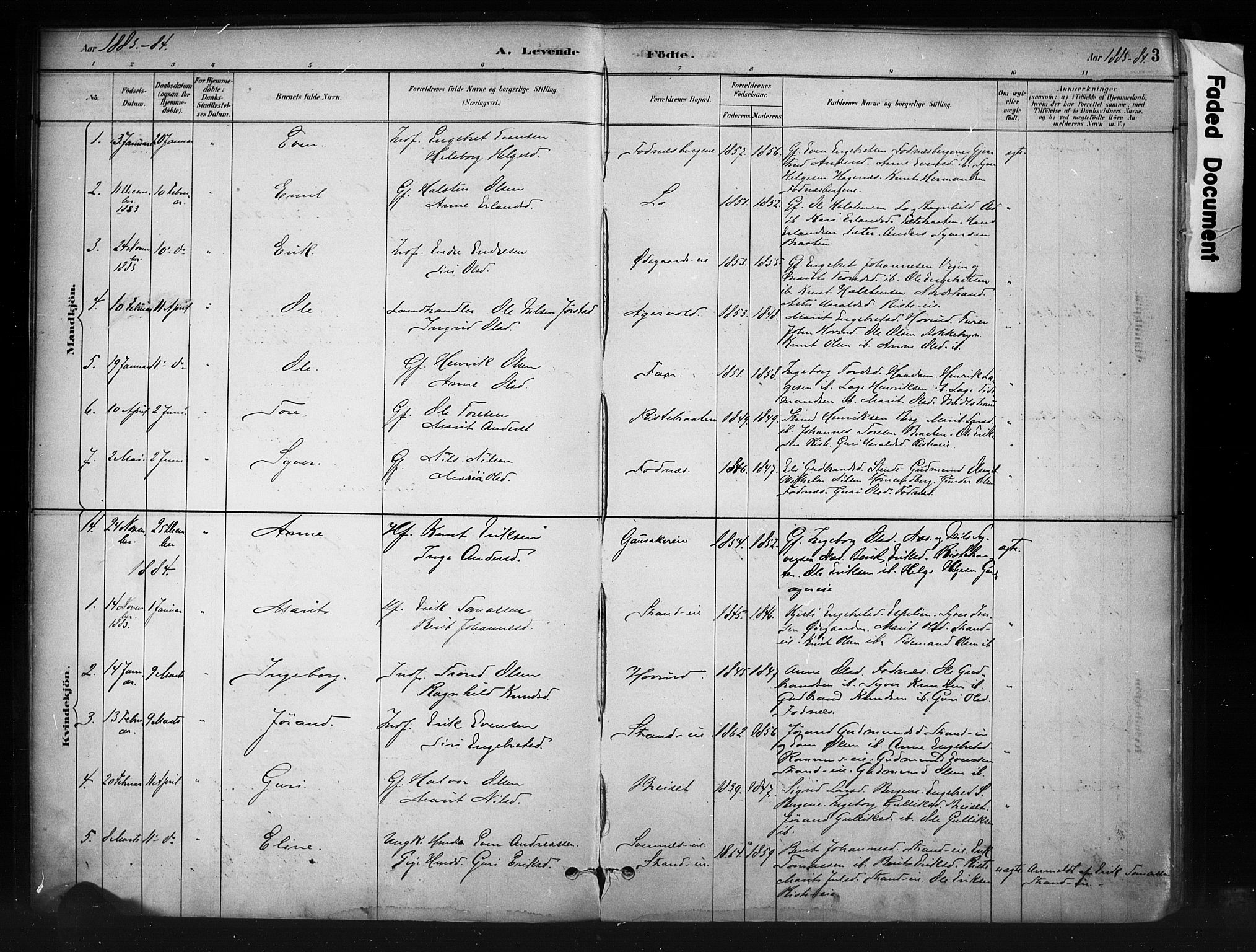 Nord-Aurdal prestekontor, SAH/PREST-132/H/Ha/Haa/L0010: Parish register (official) no. 10, 1883-1896, p. 3