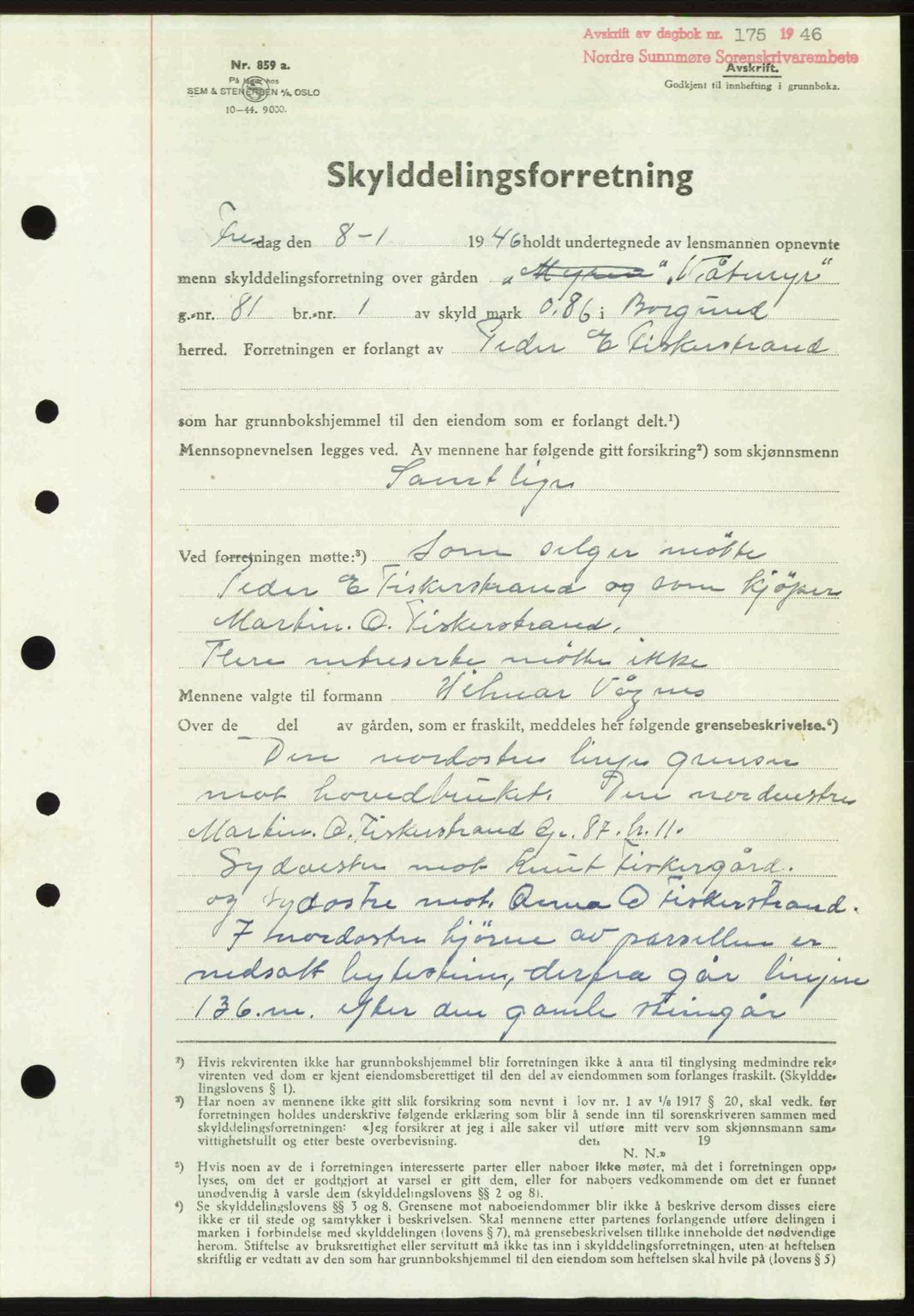 Nordre Sunnmøre sorenskriveri, AV/SAT-A-0006/1/2/2C/2Ca: Mortgage book no. A20b, 1946-1946, Diary no: : 175/1946