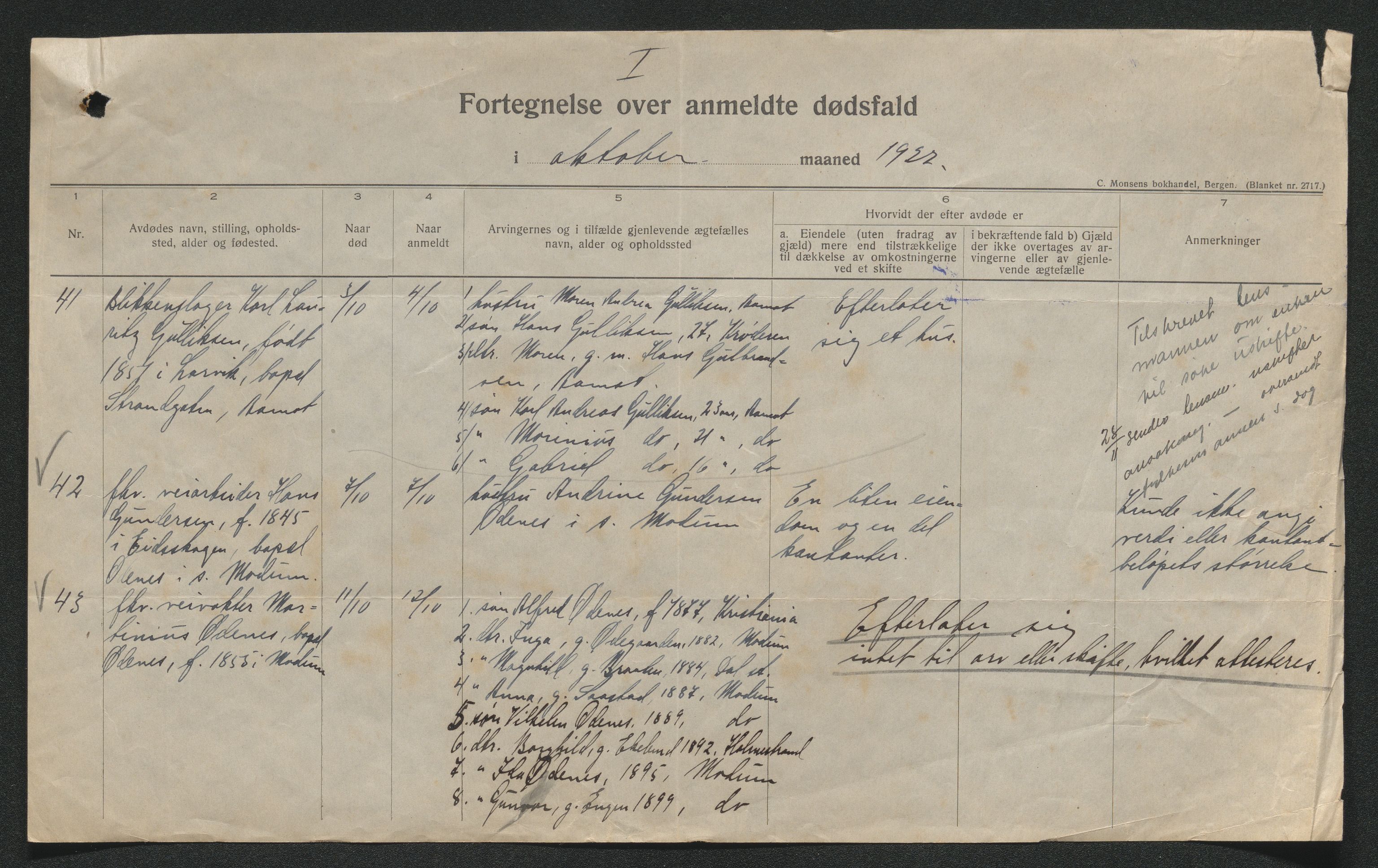 Eiker, Modum og Sigdal sorenskriveri, AV/SAKO-A-123/H/Ha/Hab/L0041: Dødsfallsmeldinger, 1922-1923, p. 411