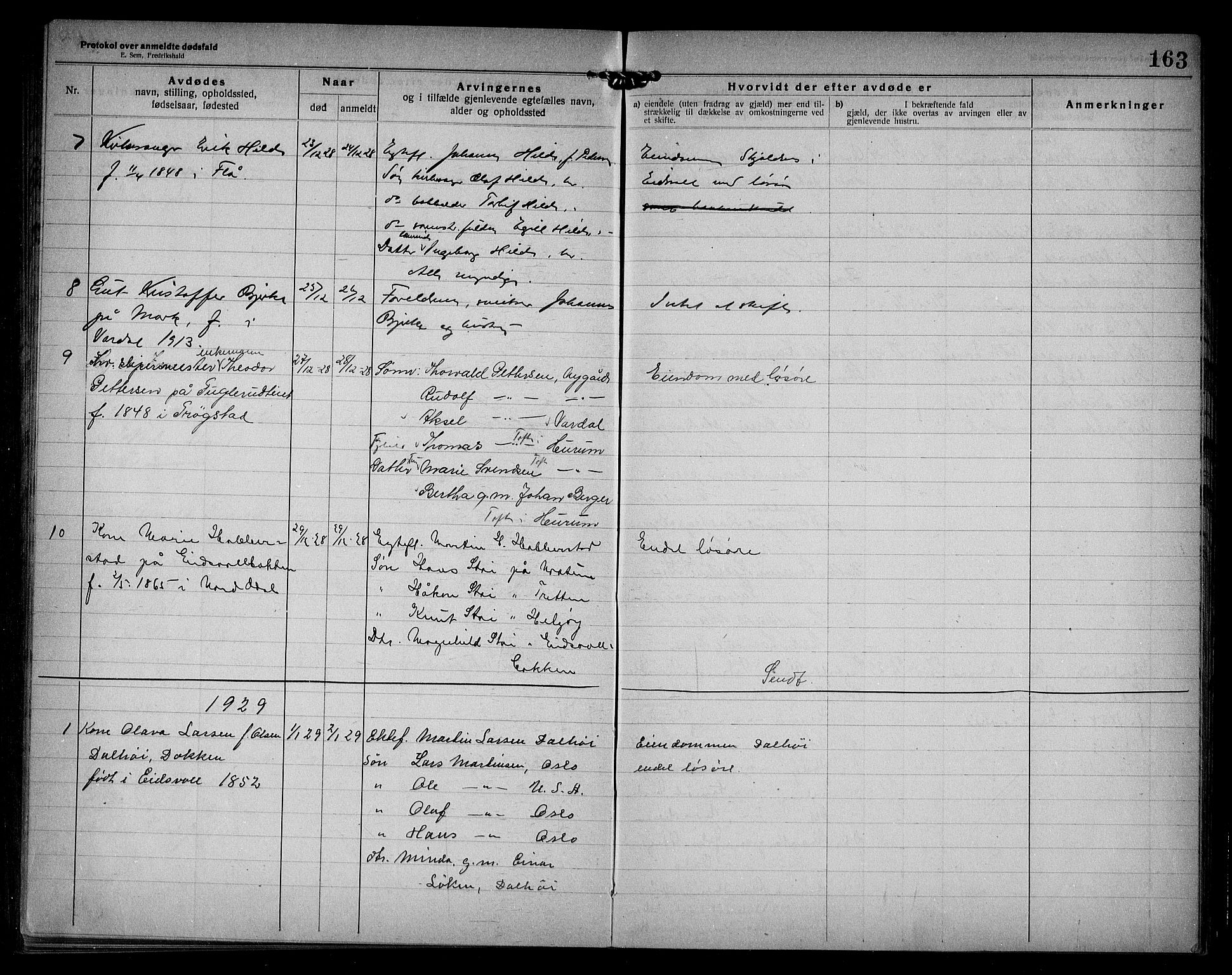 Eidsvoll lensmannskontor, AV/SAO-A-10266a/H/Ha/Haa/L0005: Dødsfallprotokoll, 1921-1930, p. 163