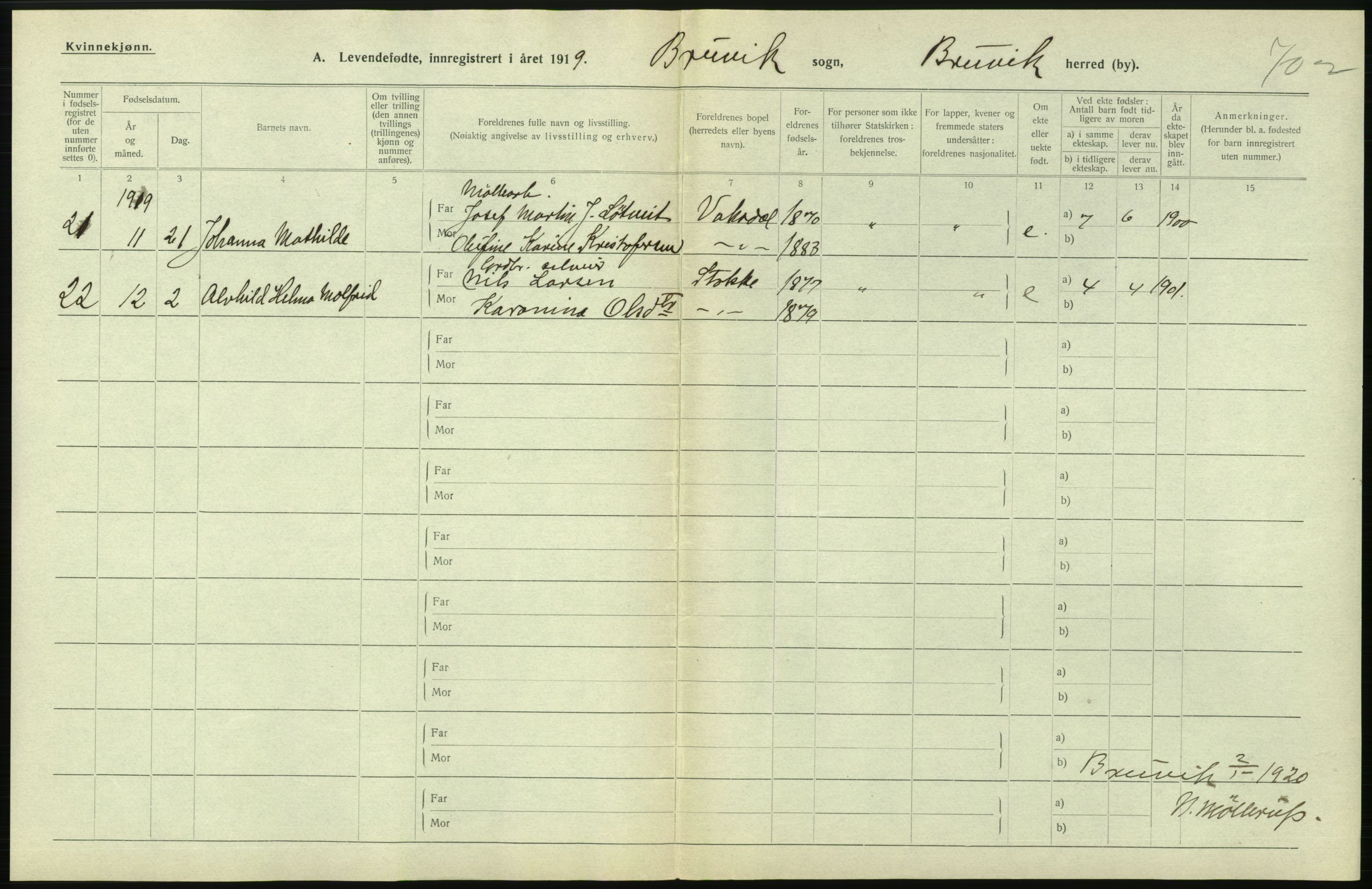 Statistisk sentralbyrå, Sosiodemografiske emner, Befolkning, RA/S-2228/D/Df/Dfb/Dfbi/L0031: Hordaland fylke: Levendefødte menn og kvinner. Bygder., 1919, p. 376