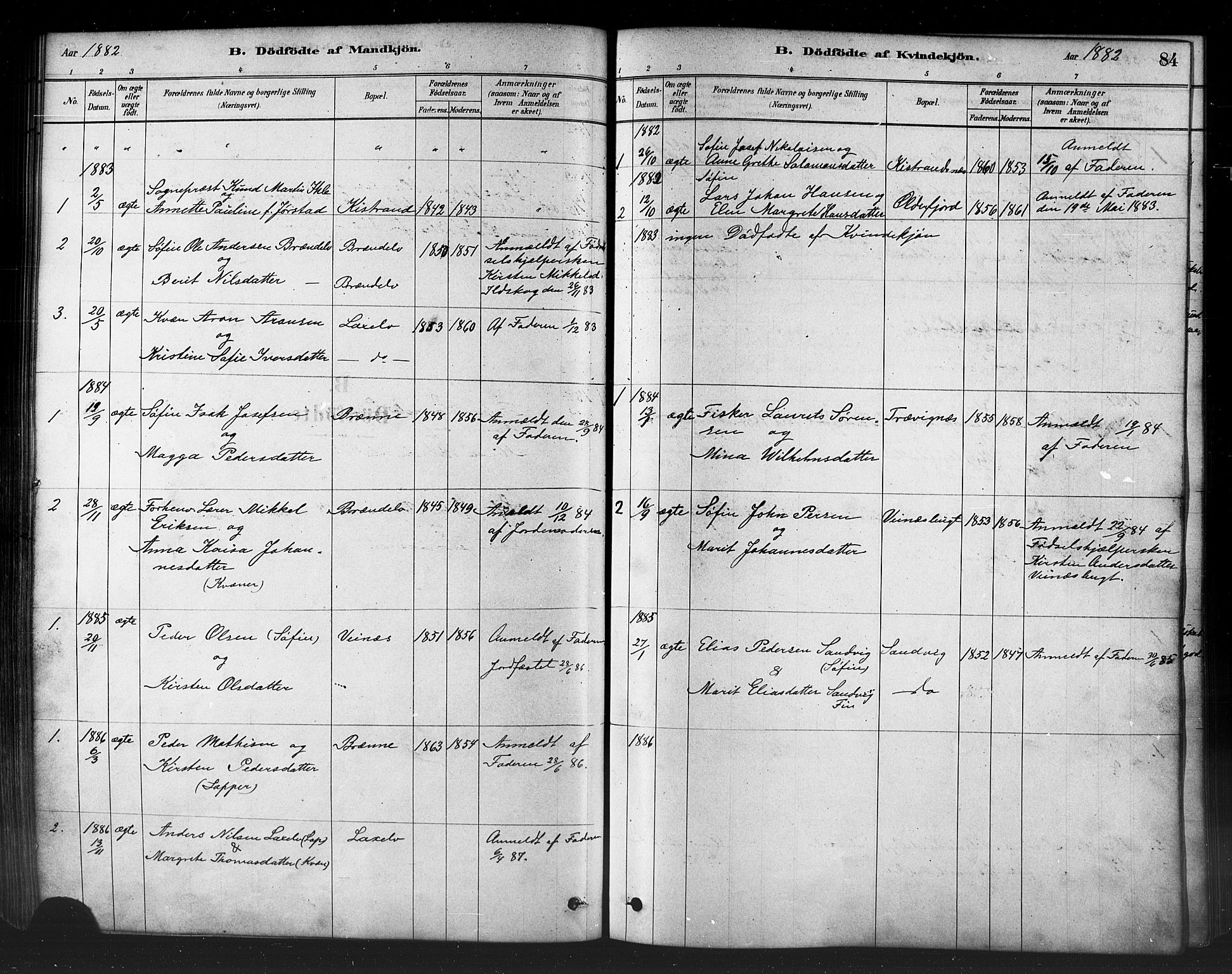 Kistrand/Porsanger sokneprestembete, SATØ/S-1351/H/Ha/L0007.kirke: Parish register (official) no. 7, 1881-1889, p. 84