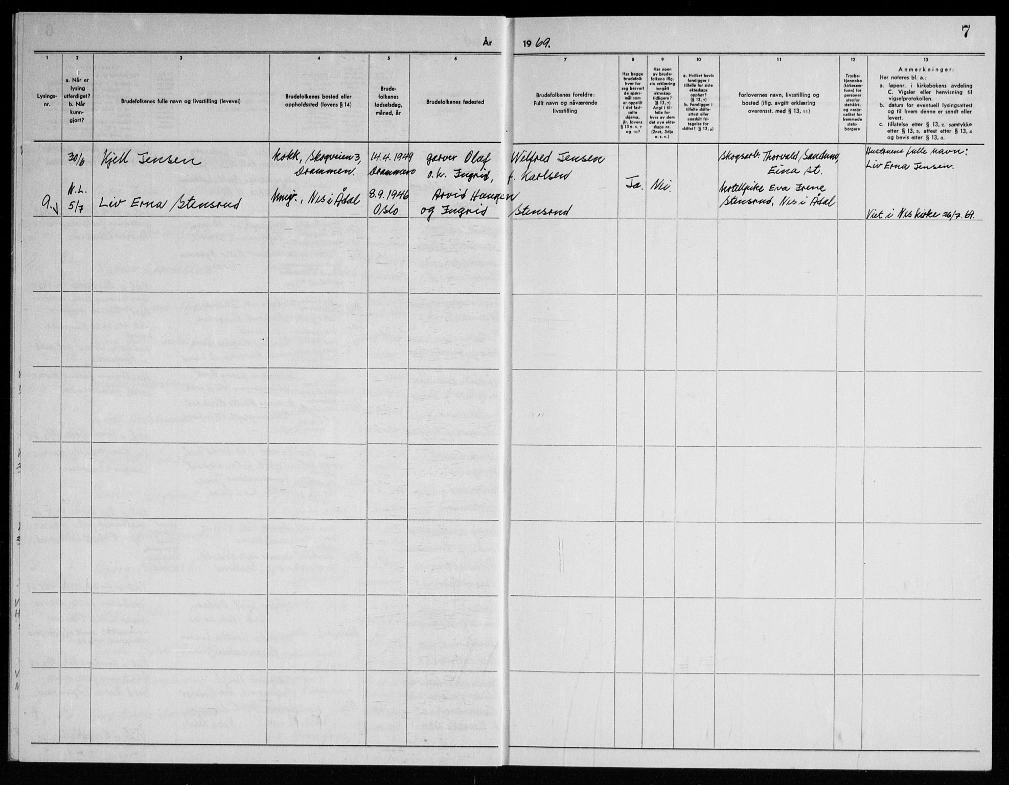 Ådal kirkebøker, AV/SAKO-A-248/H/Ha/L0002: Banns register no. 2, 1967-1969, p. 7