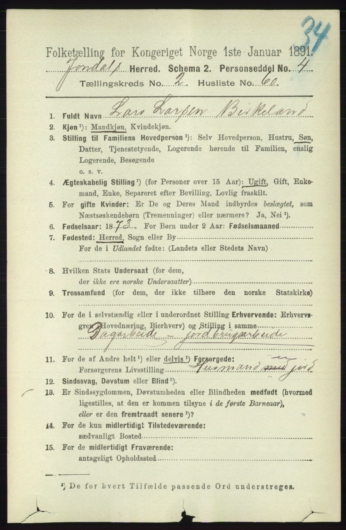 RA, 1891 census for 1227 Jondal, 1891, p. 1173