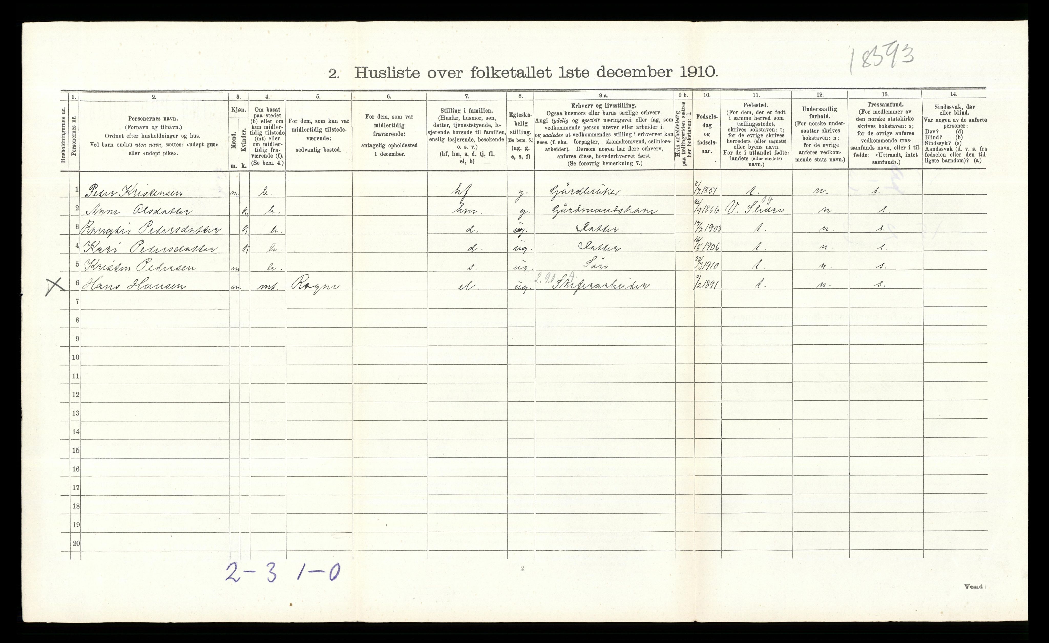 RA, 1910 census for Øystre Slidre, 1910, p. 153