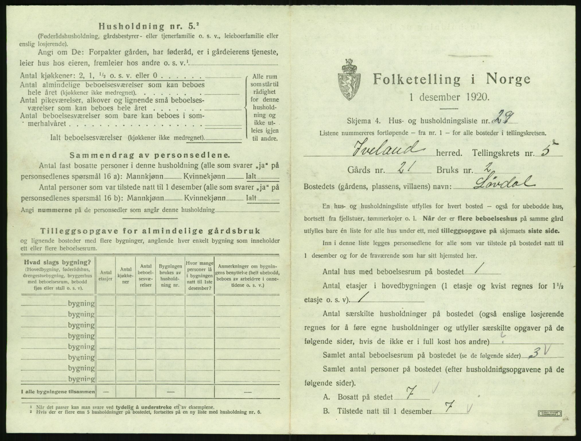 SAK, 1920 census for Iveland, 1920, p. 297