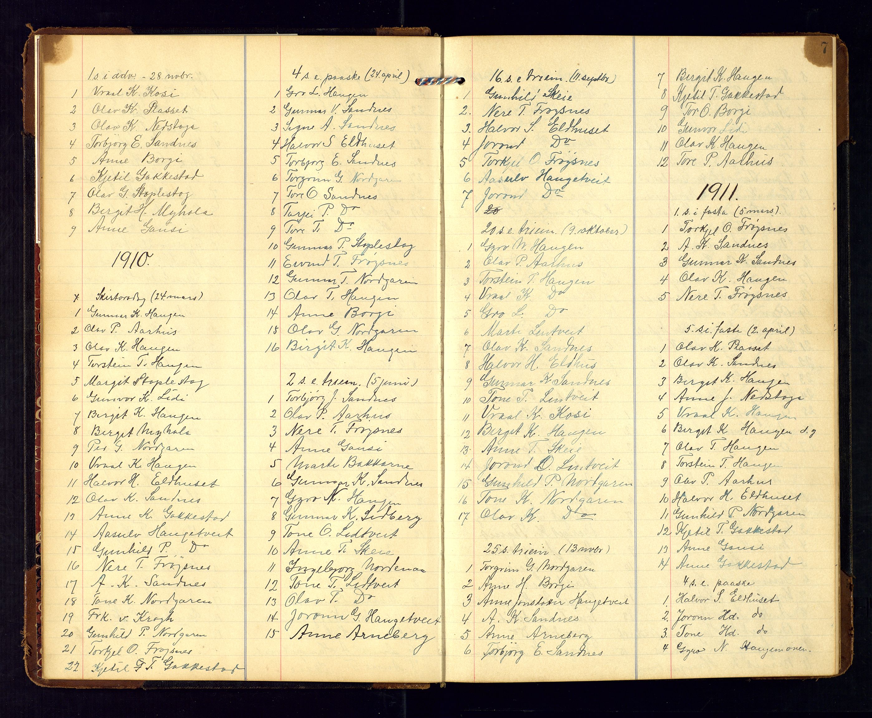 Bygland sokneprestkontor, AV/SAK-1111-0006/F/Fc/Fcc/L0002: Communicants register no. C-2, 1905-1975, p. 7