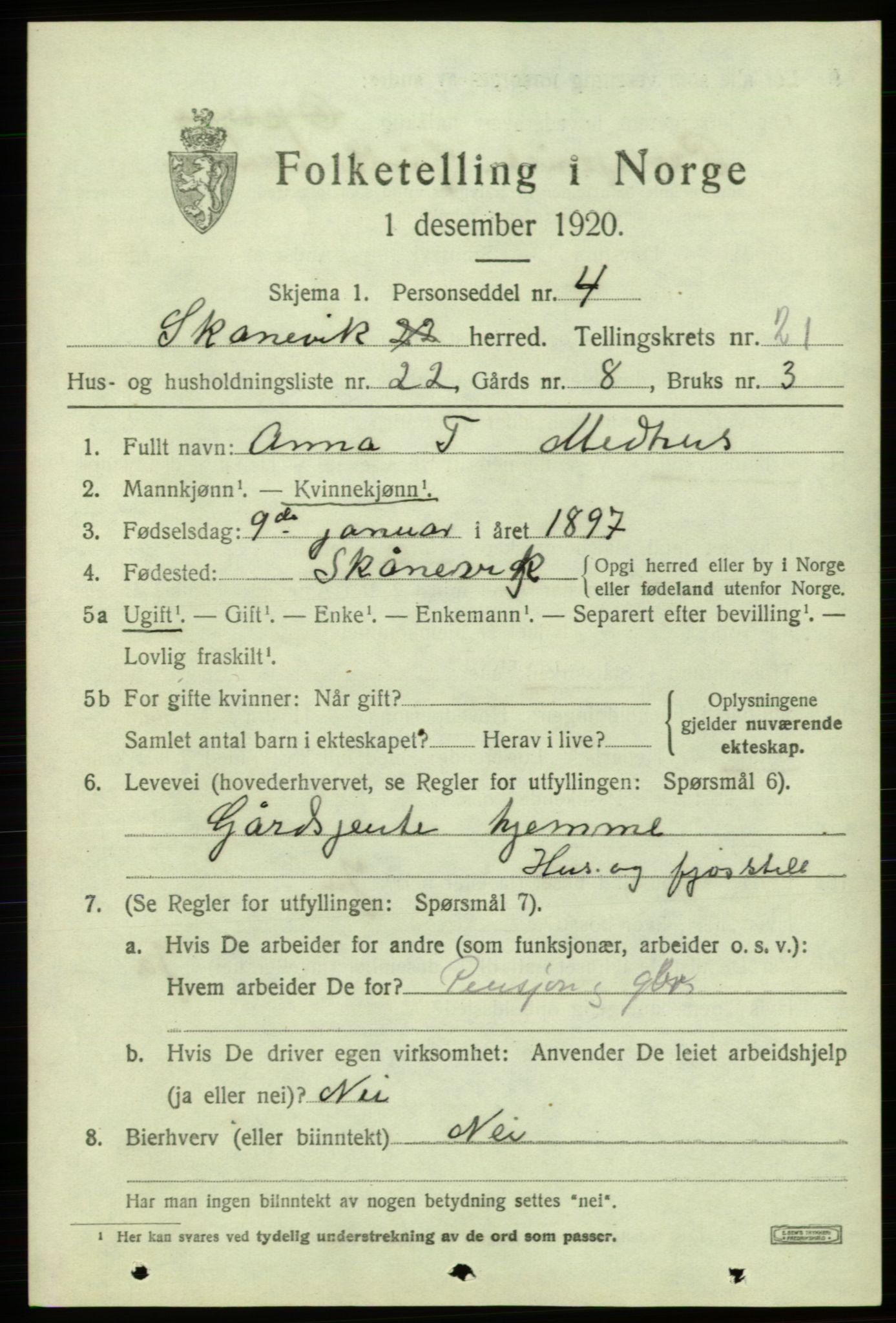 SAB, 1920 census for Skånevik, 1920, p. 8001
