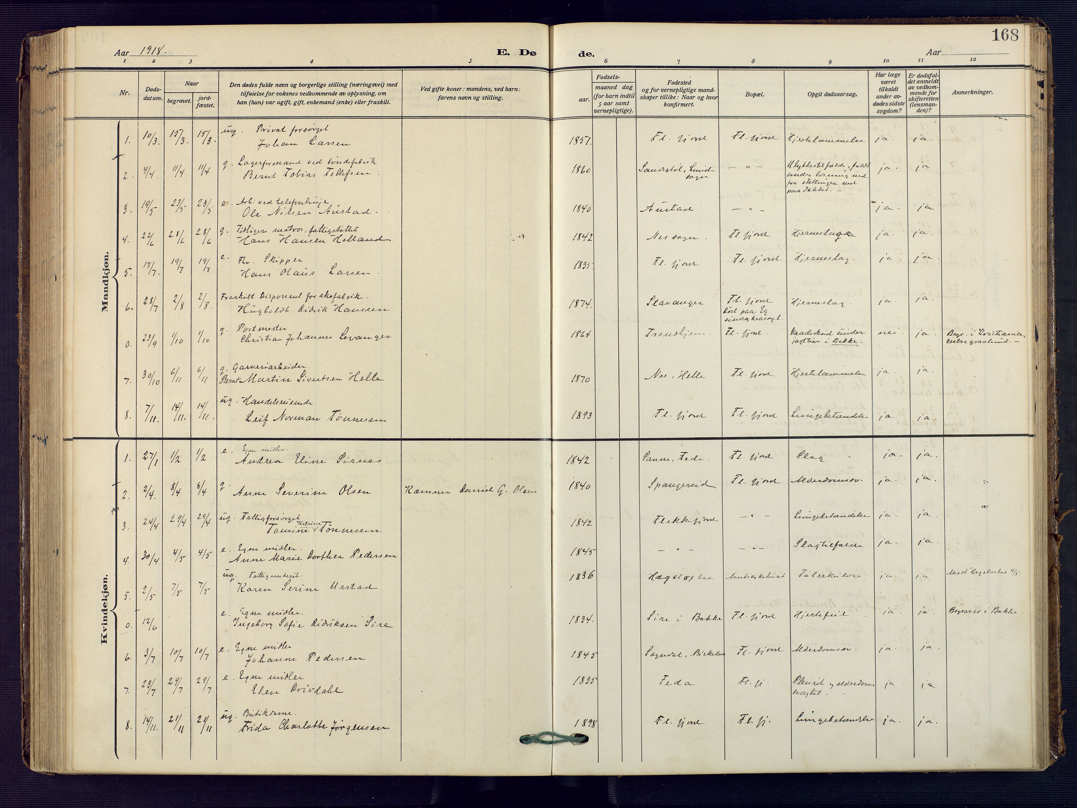 Flekkefjord sokneprestkontor, SAK/1111-0012/F/Fa/Faa/L0003: Parish register (official) no. A 3, 1913-1928, p. 168
