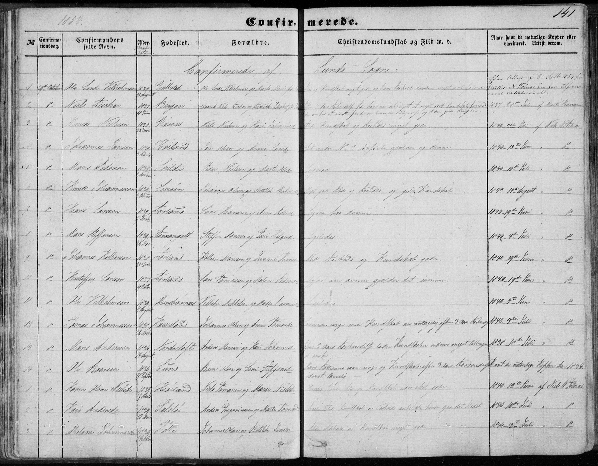 Sund sokneprestembete, SAB/A-99930: Parish register (official) no. A 14, 1850-1866, p. 141