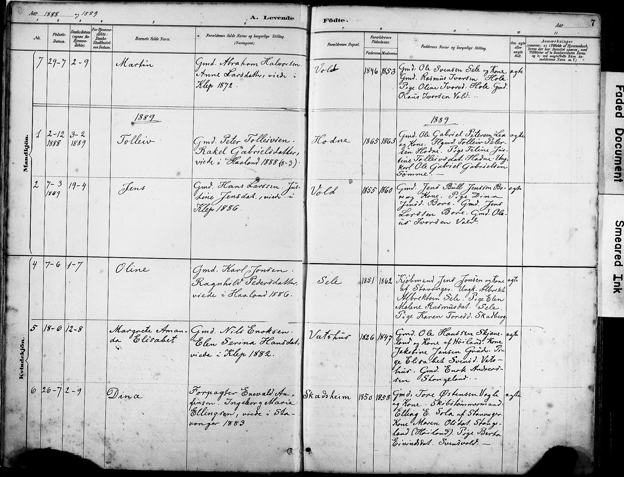 Klepp sokneprestkontor, SAST/A-101803/001/3/30BA/L0008: Parish register (official) no. A 9, 1886-1919, p. 7