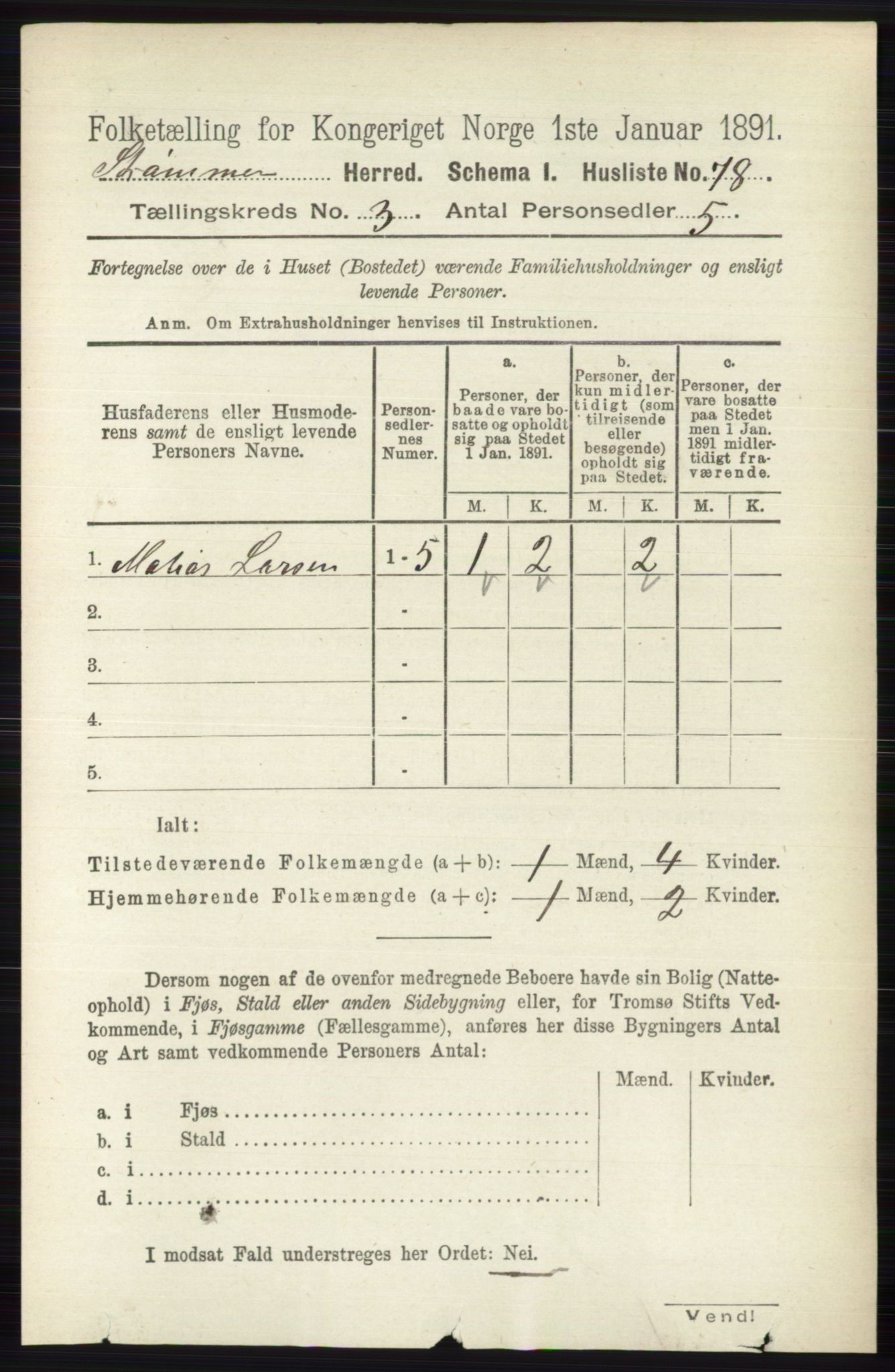 RA, 1891 census for 0711 Strømm, 1891, p. 1069