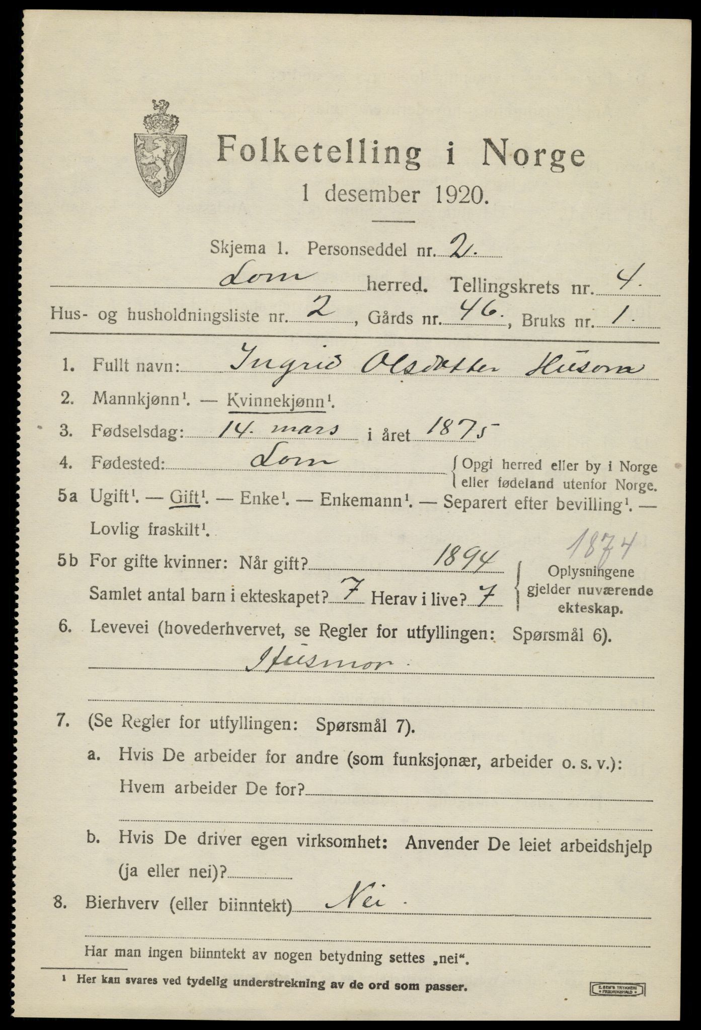 SAH, 1920 census for Lom, 1920, p. 2592