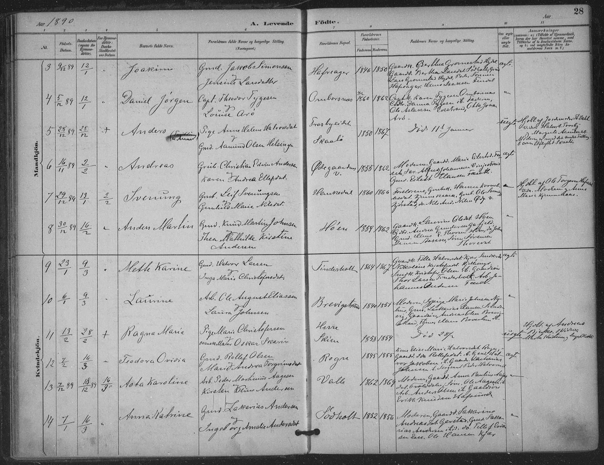 Bamble kirkebøker, AV/SAKO-A-253/F/Fa/L0008: Parish register (official) no. I 8, 1888-1900, p. 28