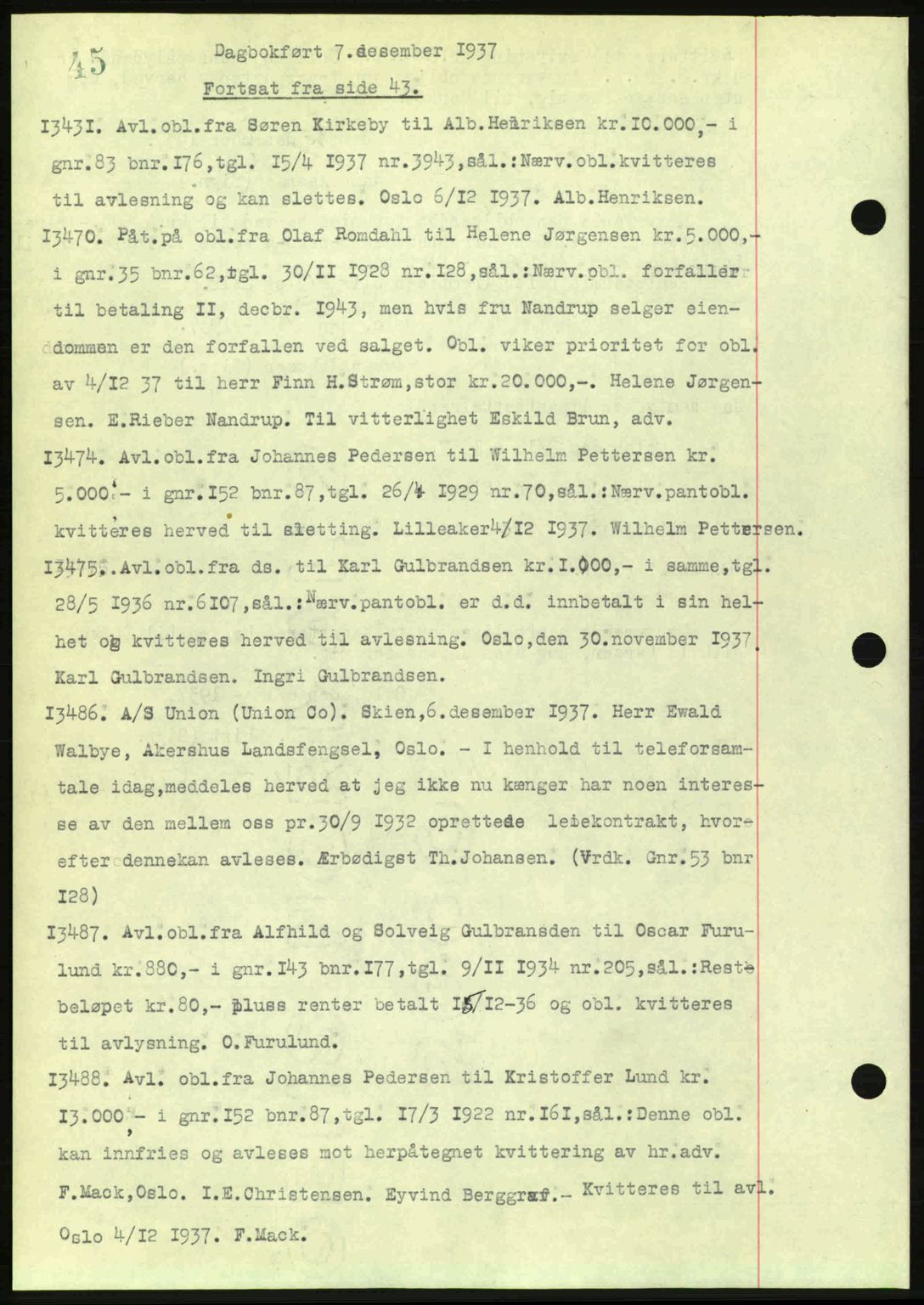 Aker herredsskriveri, SAO/A-10896/G/Gb/Gba/Gbac/L0005: Mortgage book no. B151-152, 1937-1938, Diary no: : 13431/1937