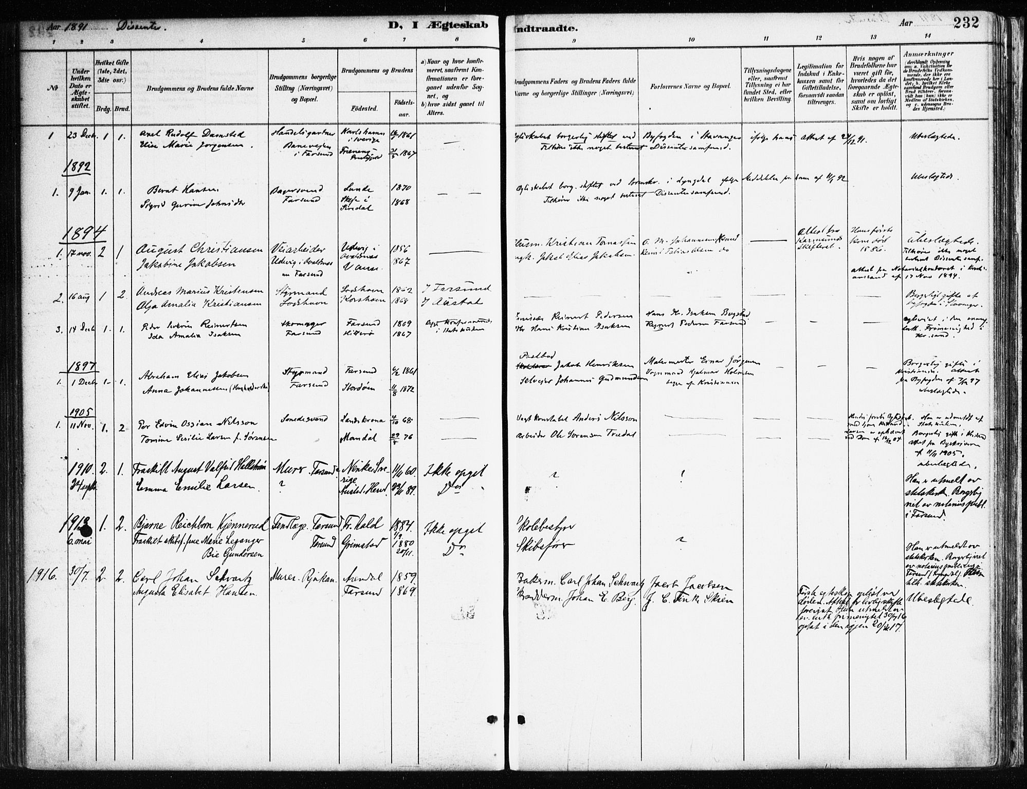 Farsund sokneprestkontor, SAK/1111-0009/F/Fa/L0006: Parish register (official) no. A 6, 1887-1920, p. 232