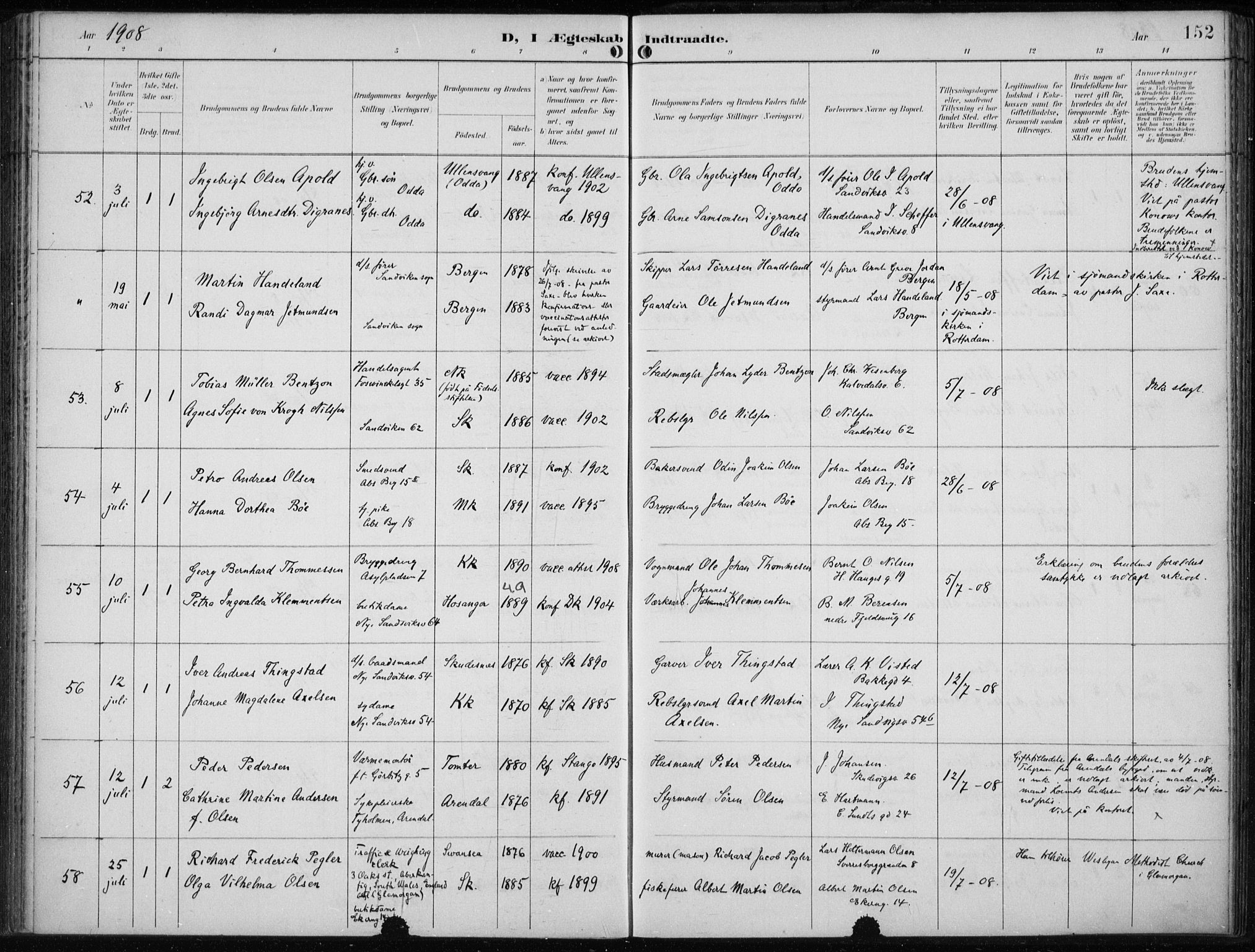 Sandviken Sokneprestembete, AV/SAB-A-77601/H/Ha/L0014: Parish register (official) no. D 1, 1896-1911, p. 152