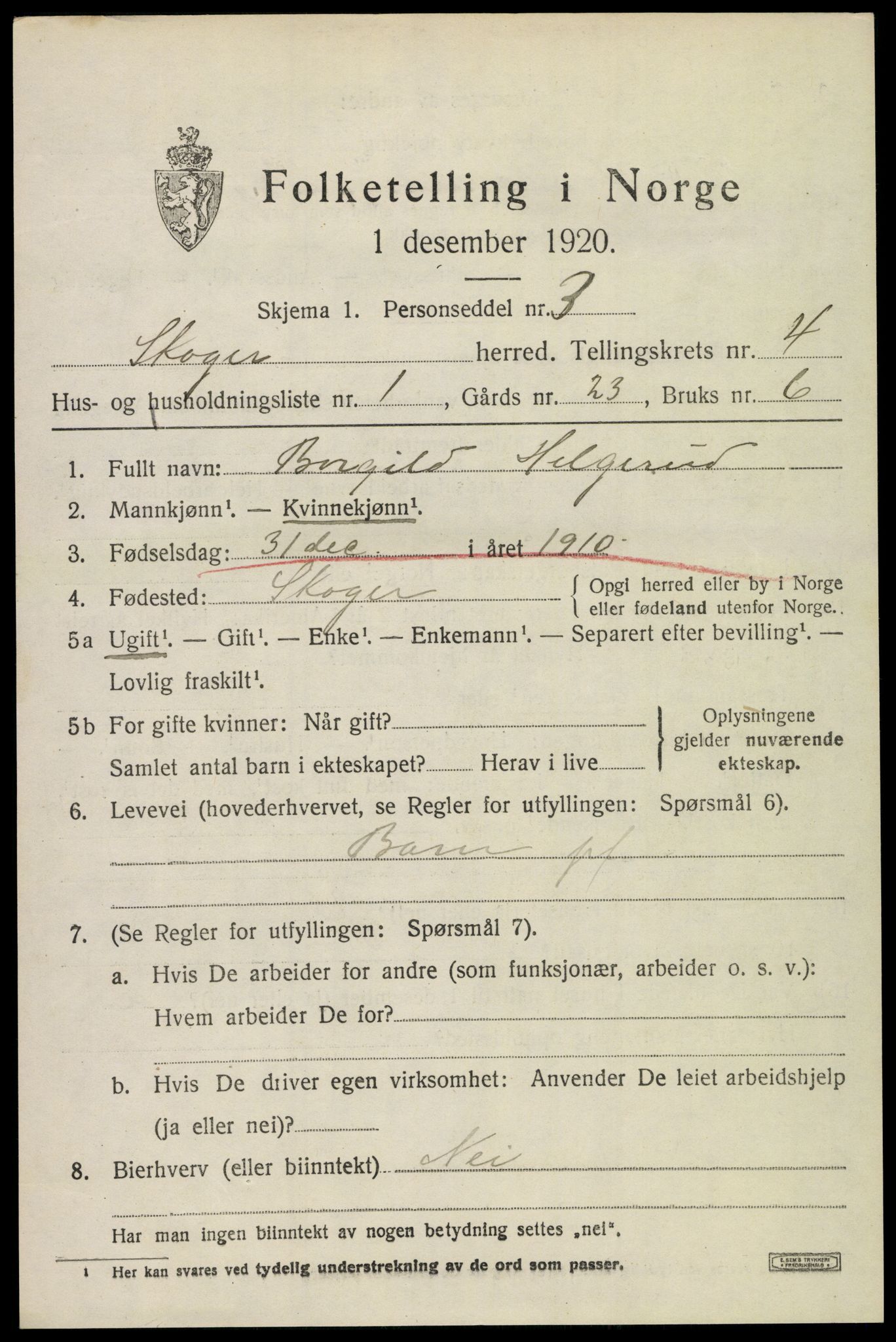 SAKO, 1920 census for Skoger, 1920, p. 9911