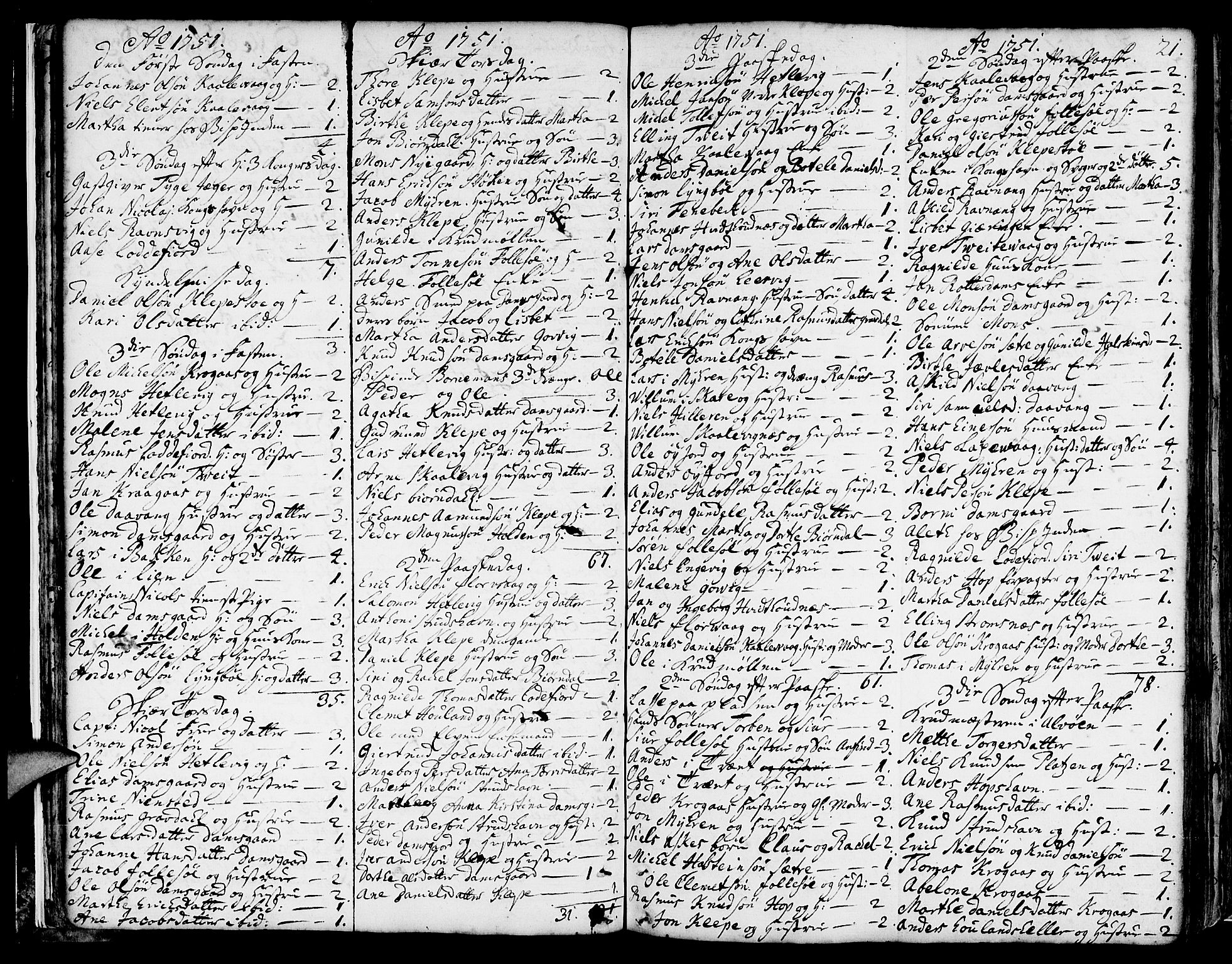 Askøy Sokneprestembete, SAB/A-74101/H/Ha/Haa/Haaa/L0001: Parish register (official) no. A 1, 1742-1818, p. 21