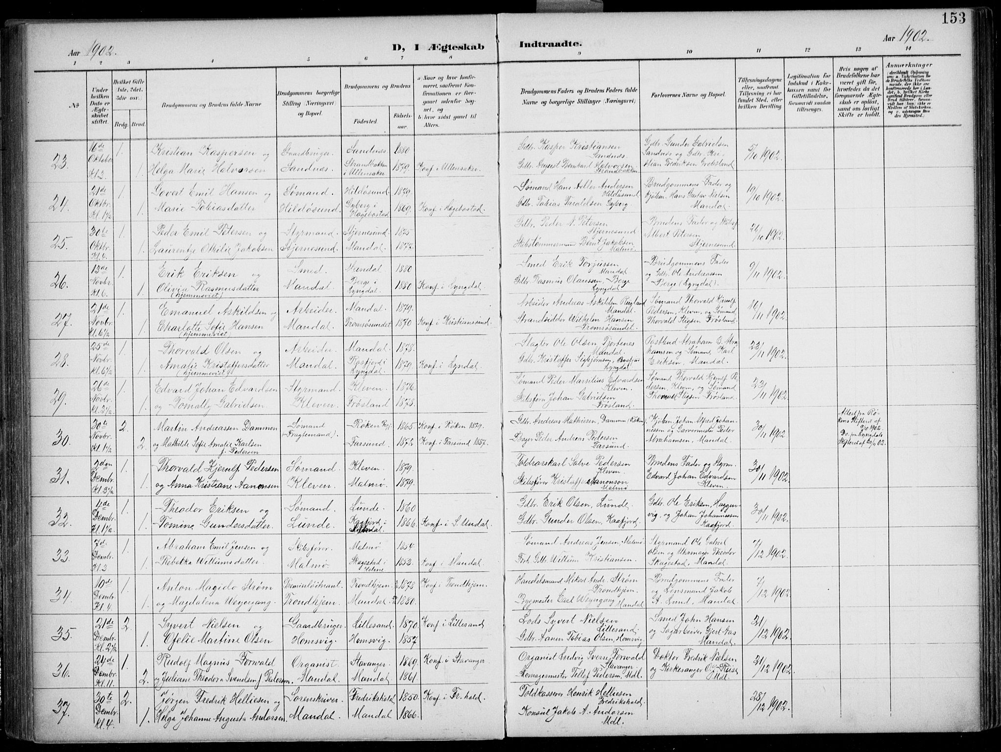 Mandal sokneprestkontor, AV/SAK-1111-0030/F/Fb/Fba/L0012: Parish register (copy) no. B 6, 1899-1918, p. 153