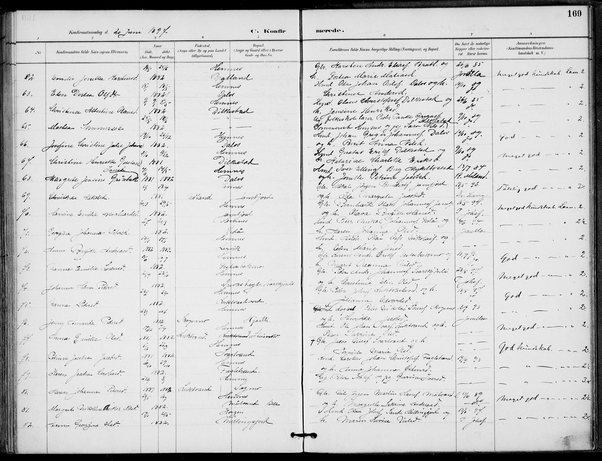 Ministerialprotokoller, klokkerbøker og fødselsregistre - Nordland, AV/SAT-A-1459/825/L0362: Parish register (official) no. 825A16, 1886-1908, p. 169