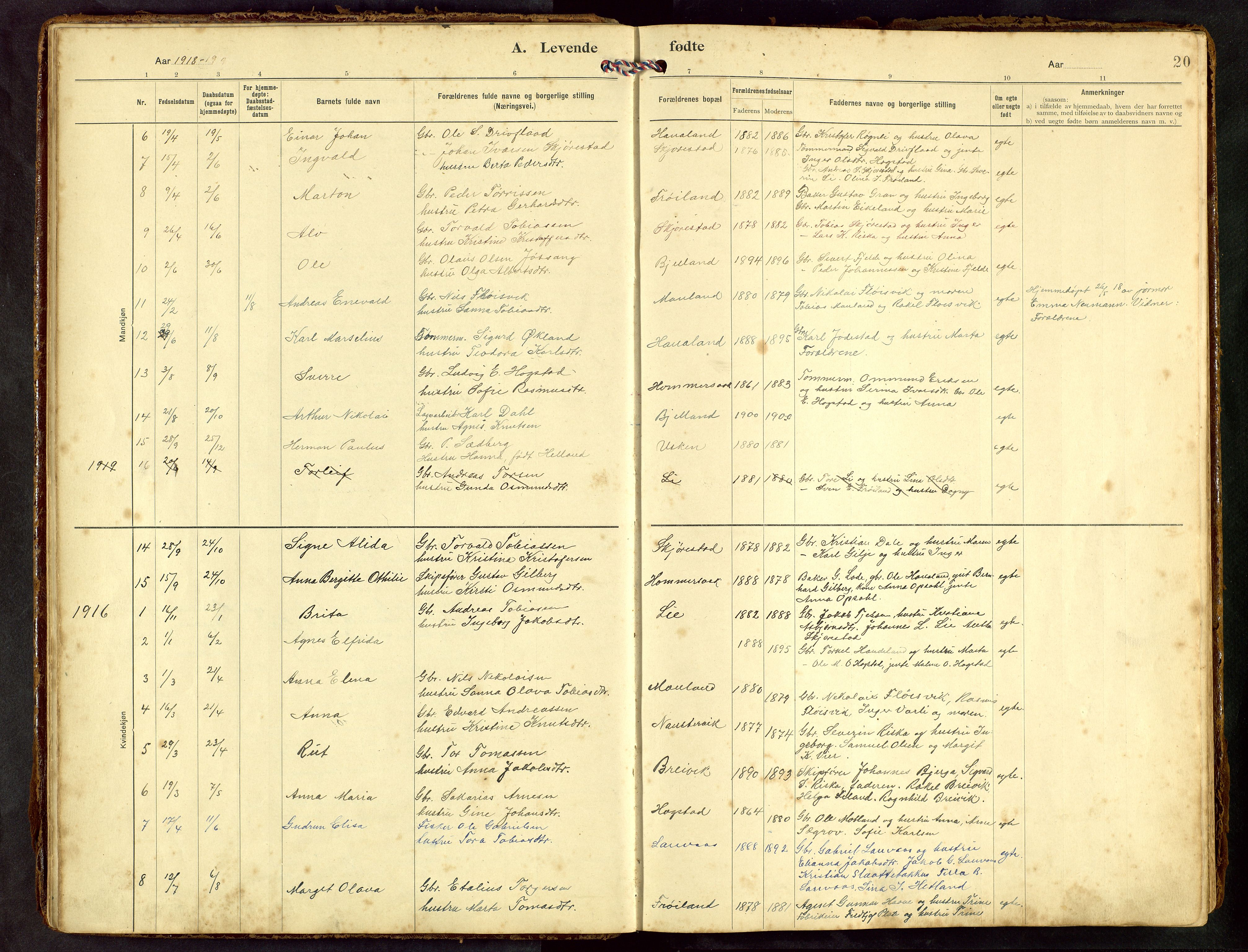 Hetland sokneprestkontor, SAST/A-101826/30/30BB/L0010: Parish register (copy) no. B 10, 1910-1968, p. 20