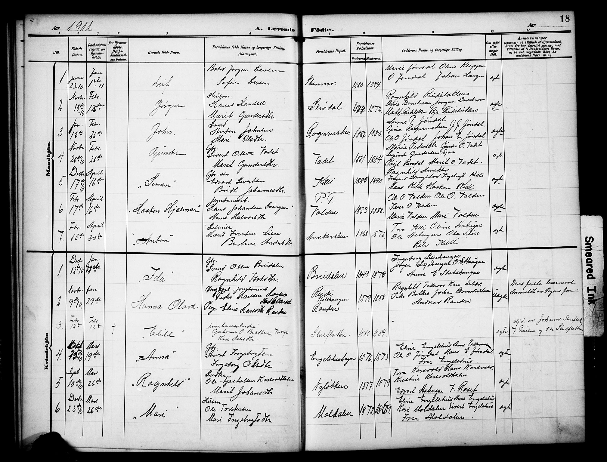 Dovre prestekontor, AV/SAH-PREST-066/H/Ha/Hab/L0003: Parish register (copy) no. 3, 1907-1929, p. 18
