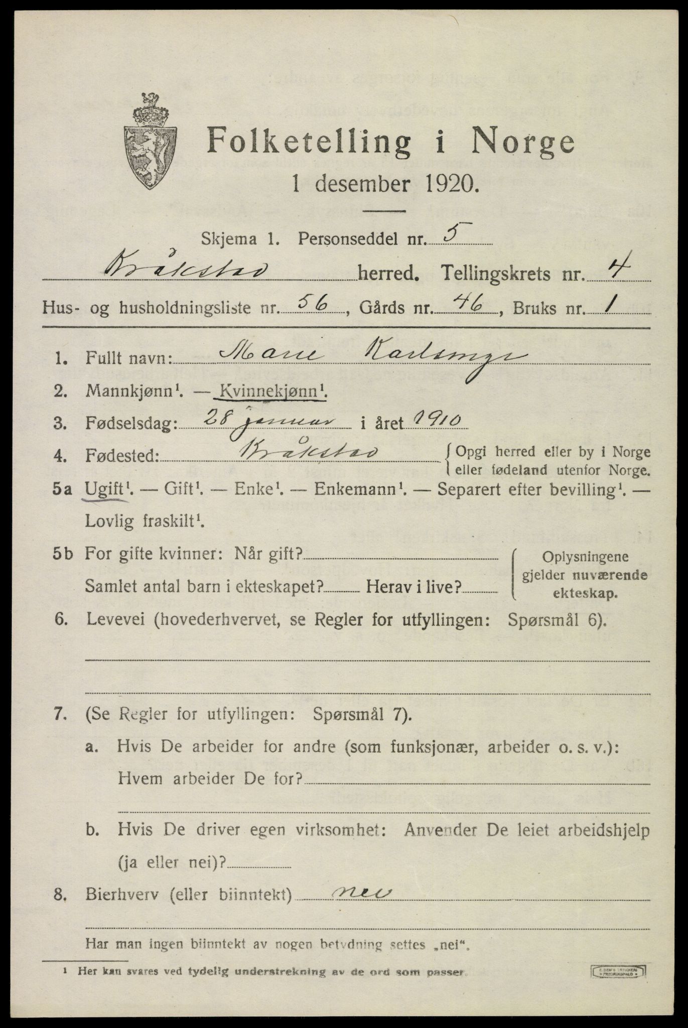 SAO, 1920 census for Kråkstad, 1920, p. 4799