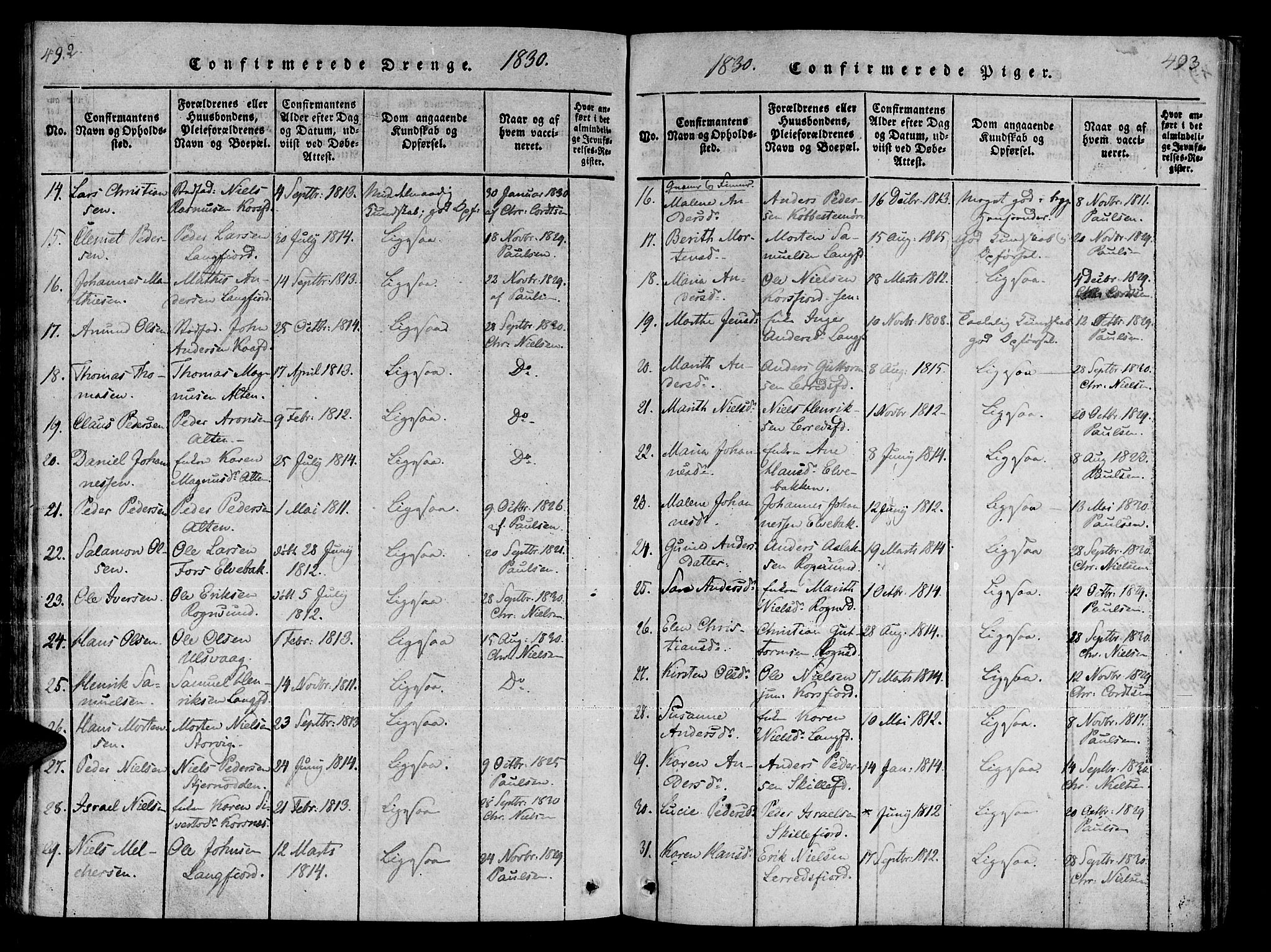 Talvik sokneprestkontor, SATØ/S-1337/H/Ha/L0008kirke: Parish register (official) no. 8, 1821-1837, p. 492-493