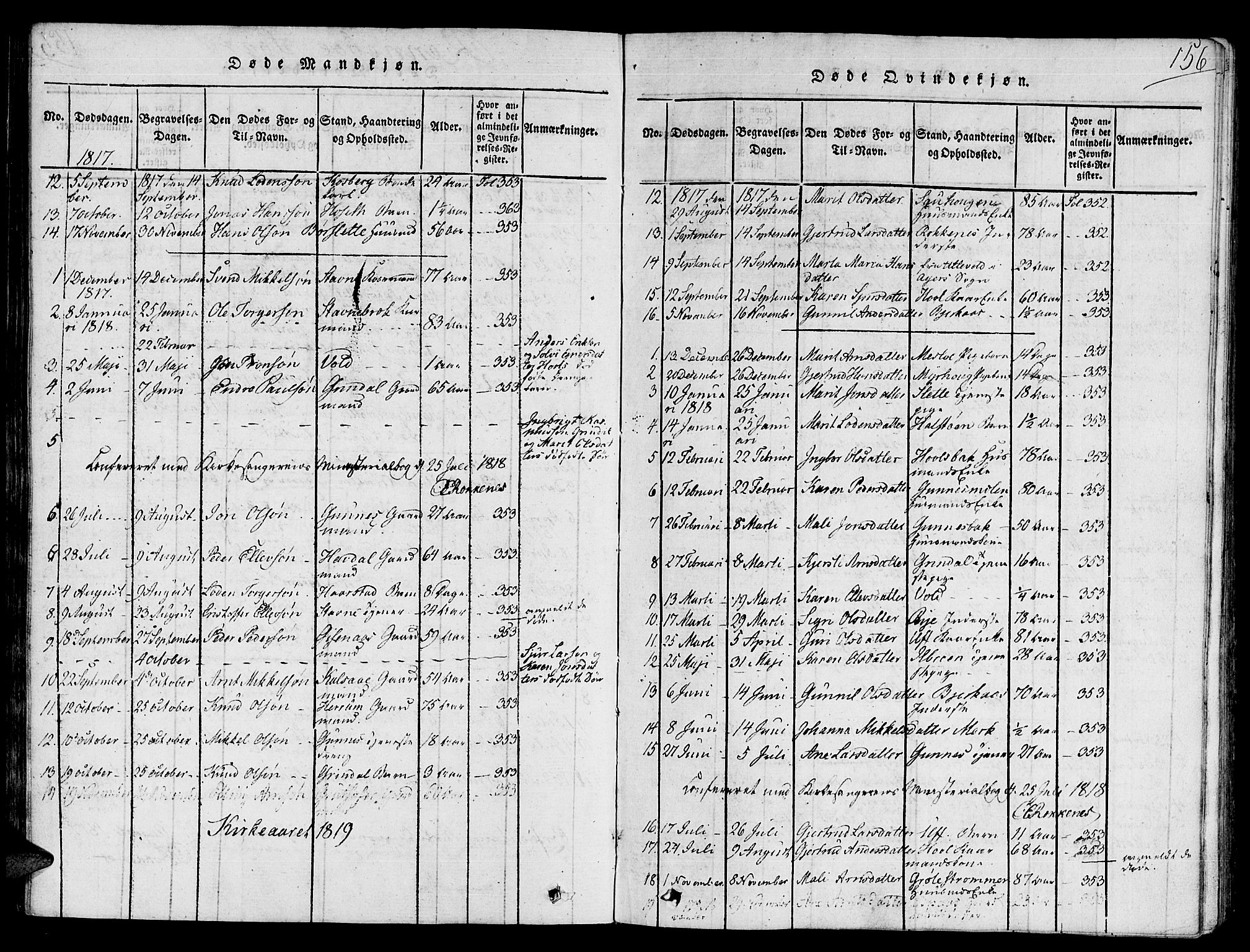 Ministerialprotokoller, klokkerbøker og fødselsregistre - Sør-Trøndelag, SAT/A-1456/672/L0854: Parish register (official) no. 672A06 /2, 1816-1829, p. 156