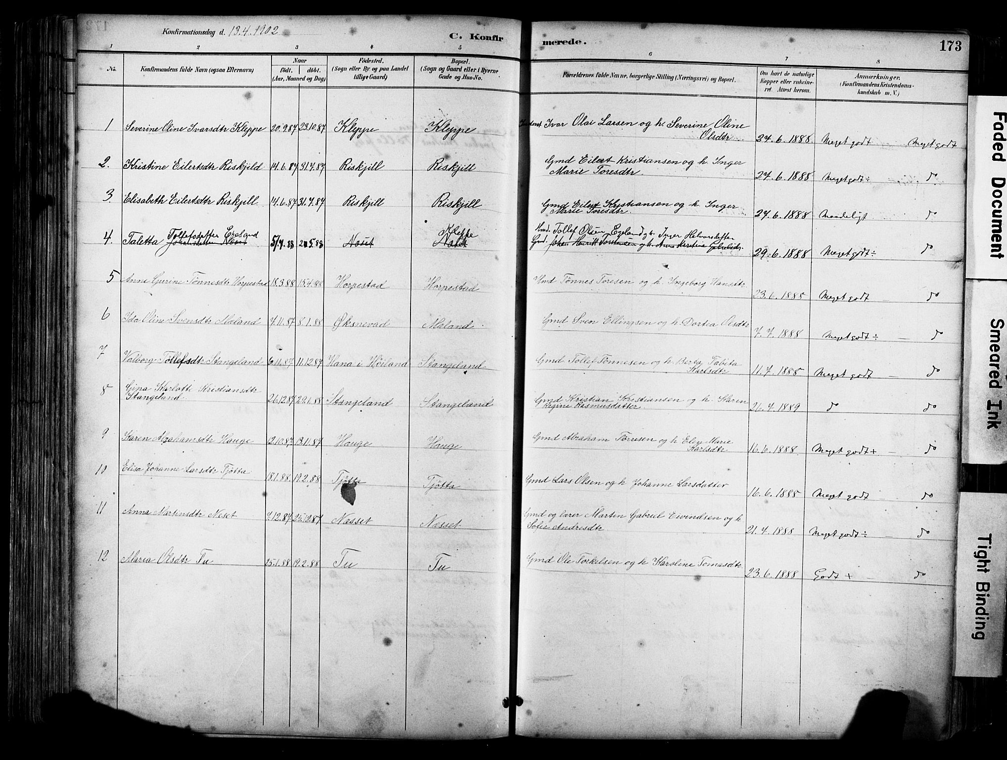 Klepp sokneprestkontor, AV/SAST-A-101803/001/3/30BA/L0009: Parish register (official) no. A 7, 1886-1915, p. 173