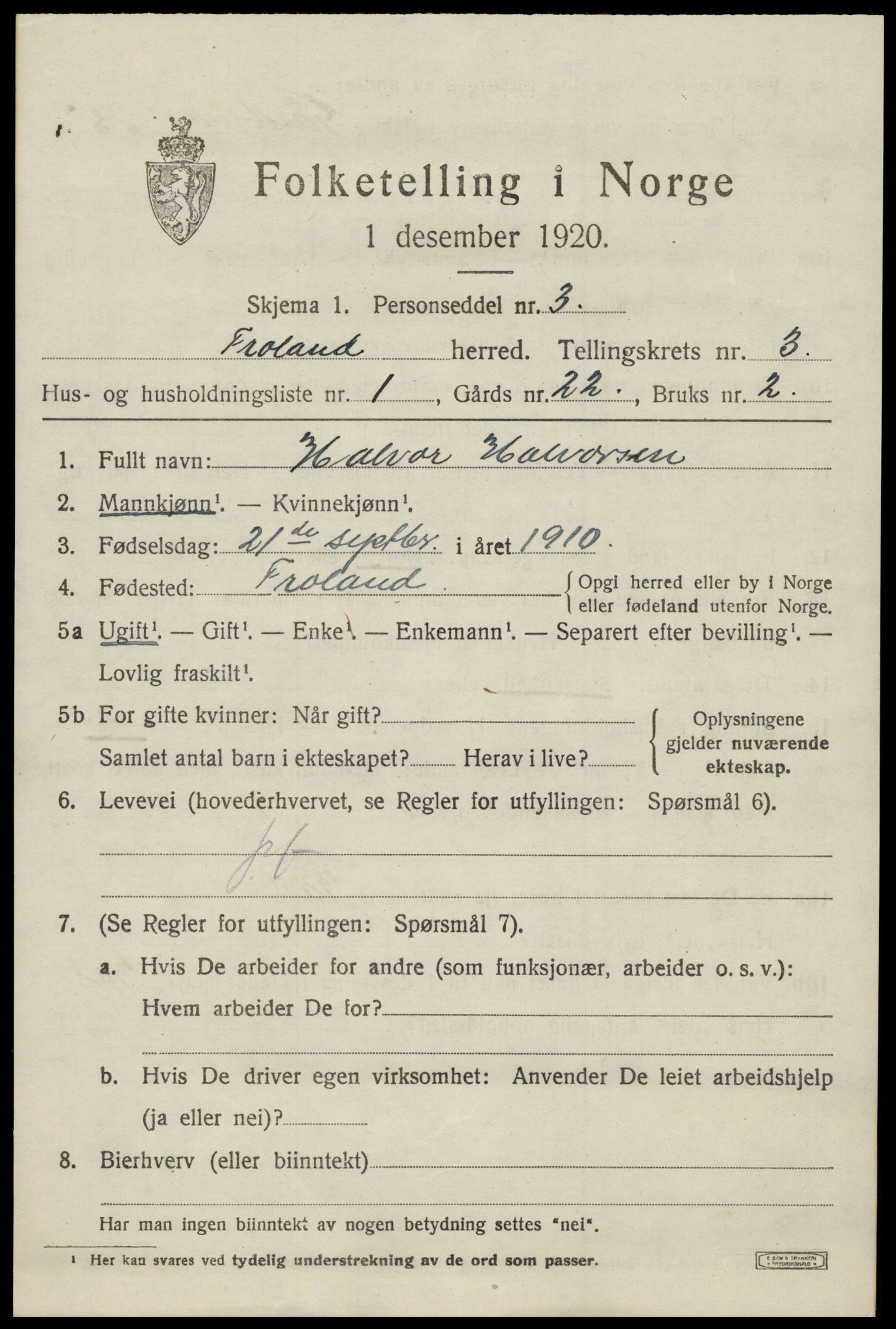 SAK, 1920 census for Froland, 1920, p. 2625