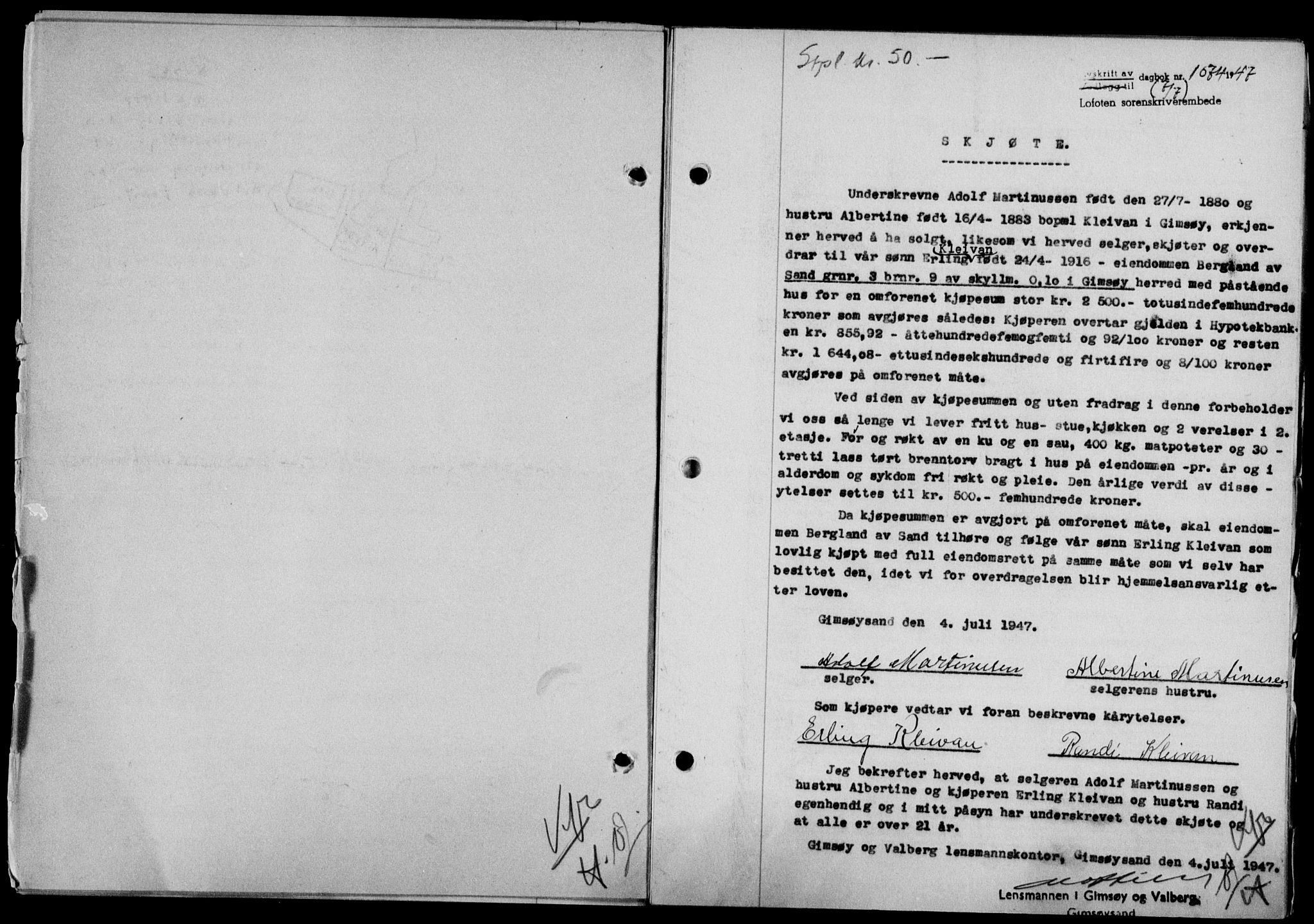 Lofoten sorenskriveri, SAT/A-0017/1/2/2C/L0016a: Mortgage book no. 16a, 1947-1947, Diary no: : 1074/1947