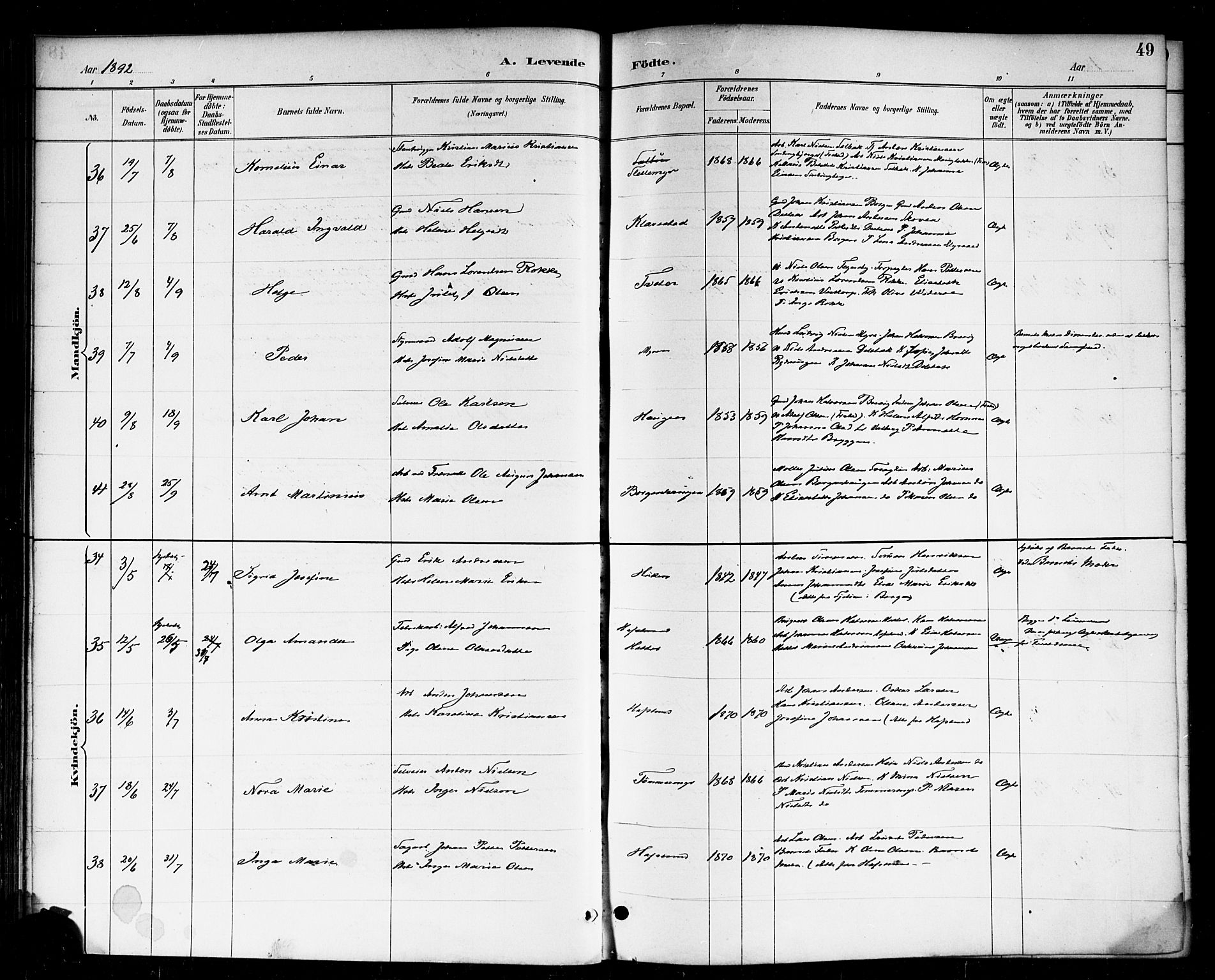 Skjeberg prestekontor Kirkebøker, AV/SAO-A-10923/F/Fa/L0009: Parish register (official) no. I 9, 1886-1897, p. 49