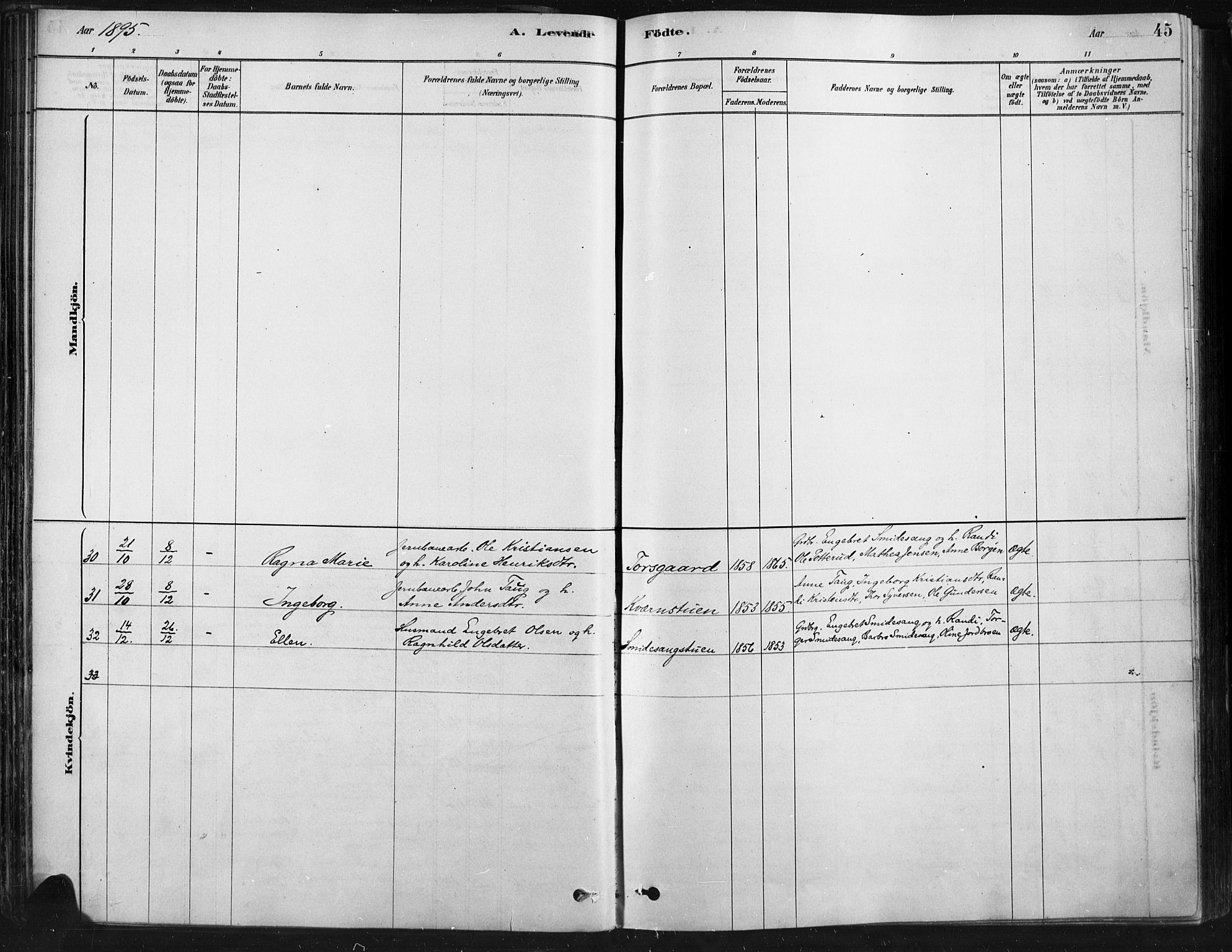 Ringebu prestekontor, SAH/PREST-082/H/Ha/Haa/L0009: Parish register (official) no. 9, 1878-1898, p. 45
