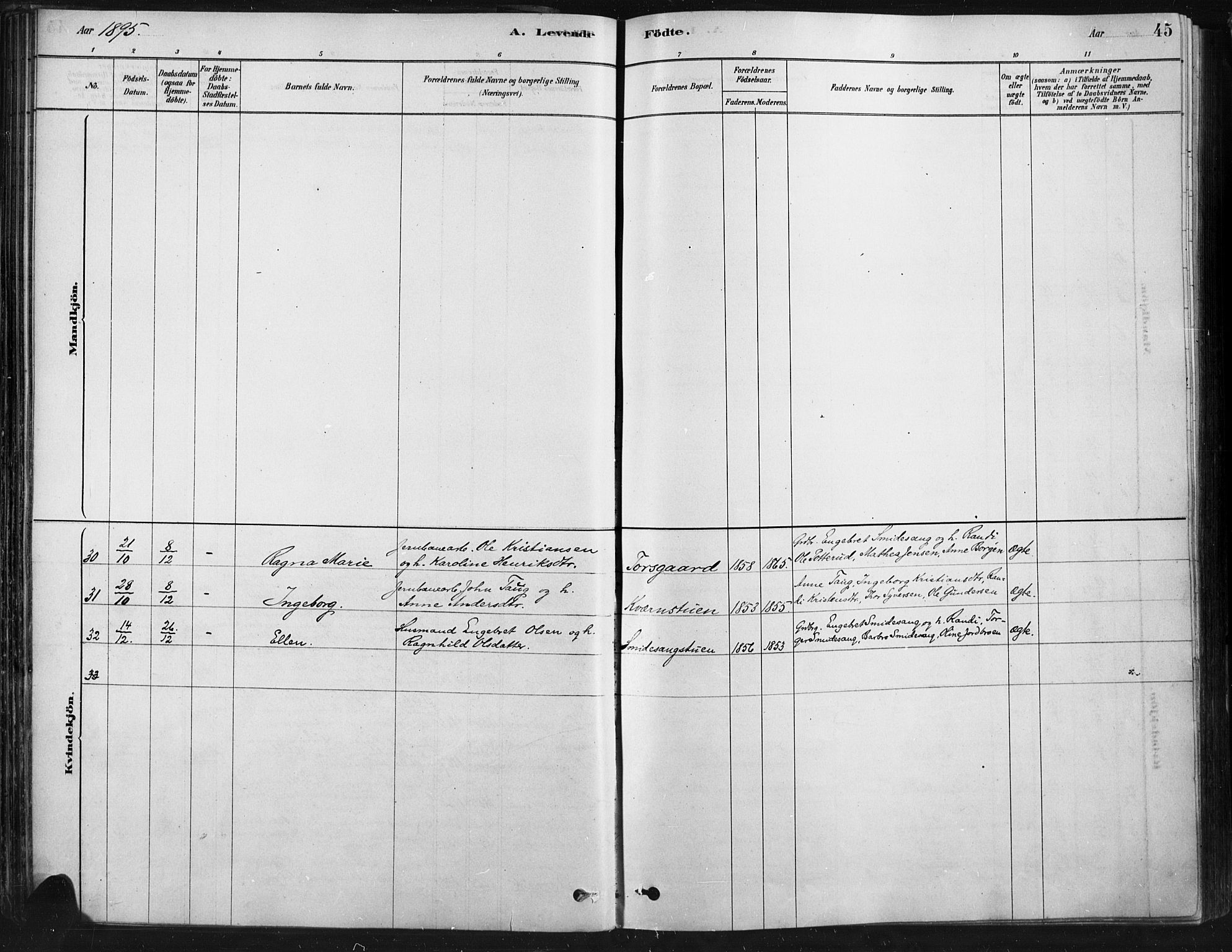 Ringebu prestekontor, AV/SAH-PREST-082/H/Ha/Haa/L0009: Parish register (official) no. 9, 1878-1898, p. 45