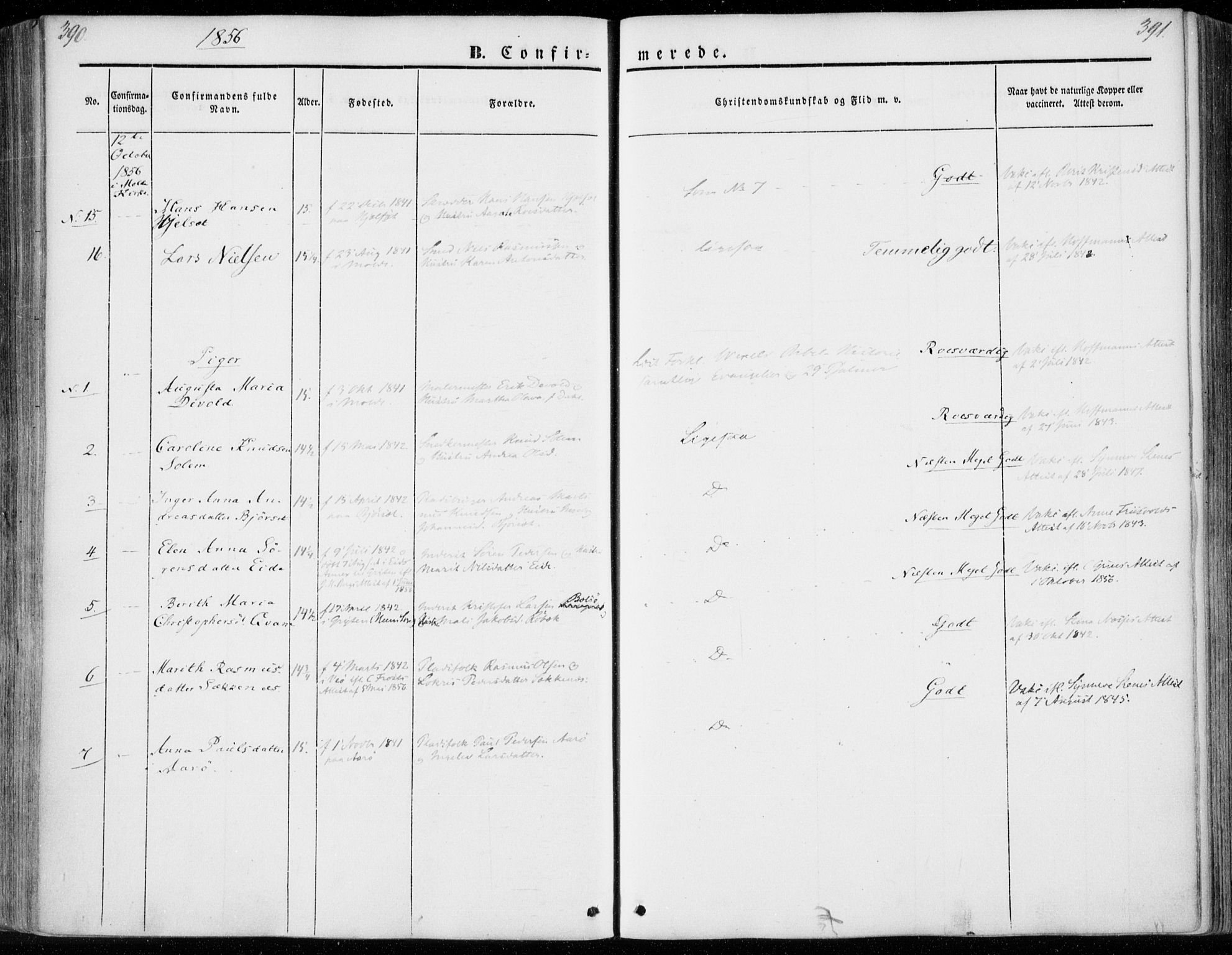Ministerialprotokoller, klokkerbøker og fødselsregistre - Møre og Romsdal, SAT/A-1454/558/L0689: Parish register (official) no. 558A03, 1843-1872, p. 390-391
