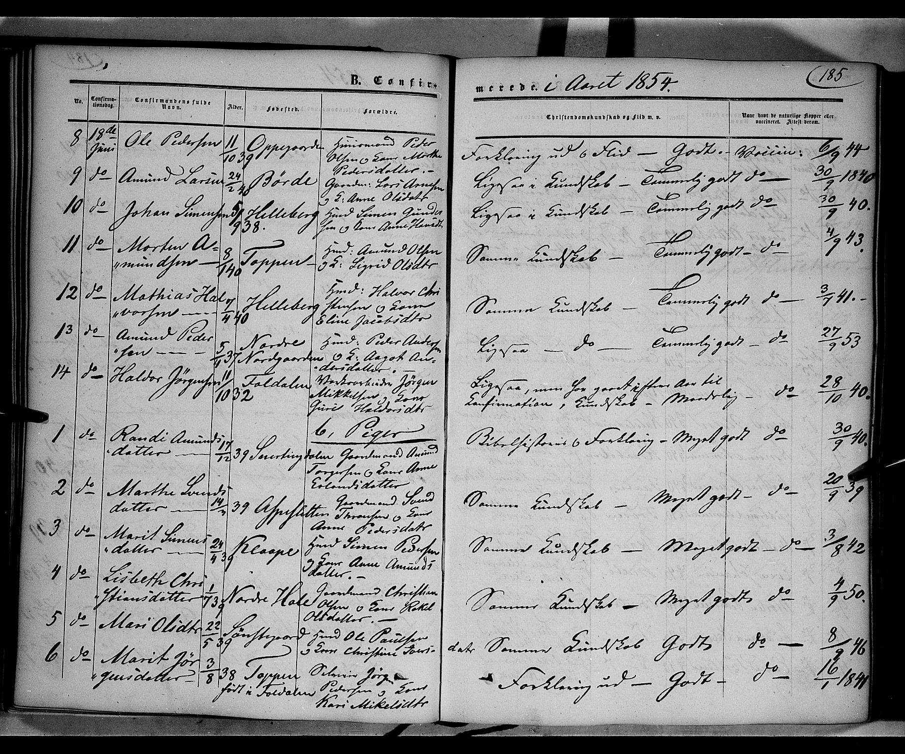 Gausdal prestekontor, SAH/PREST-090/H/Ha/Haa/L0008: Parish register (official) no. 8, 1850-1861, p. 185