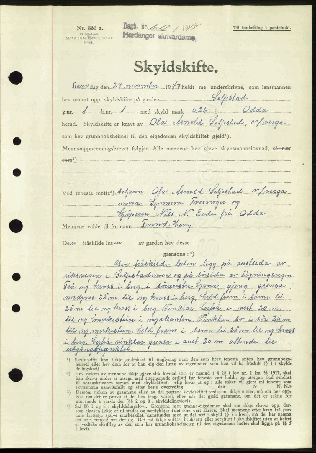 Hardanger sorenskriver, AV/SAB-A-2101/G/Ge/Gec/L0013: Mortgage book no. A13, 1947-1947, Diary no: : 1011/1947