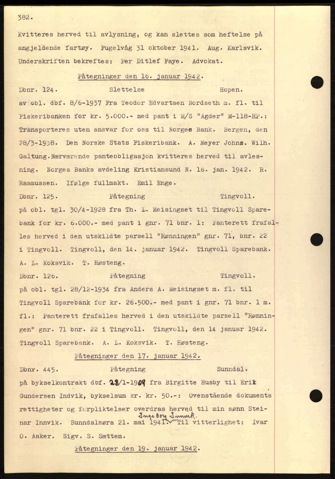 Nordmøre sorenskriveri, AV/SAT-A-4132/1/2/2Ca: Mortgage book no. C81, 1940-1945, Diary no: : 124/1942