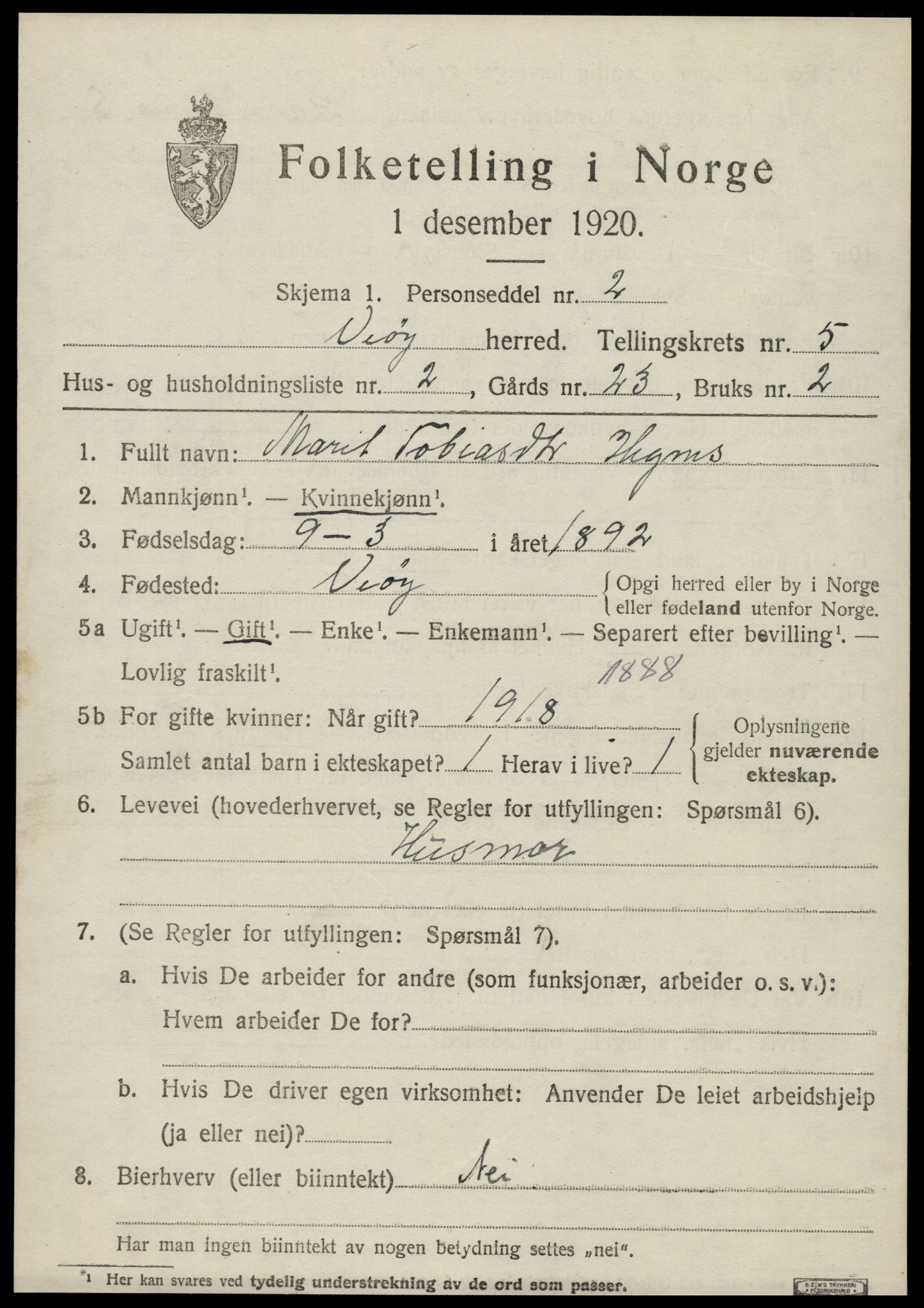 SAT, 1920 census for Veøy, 1920, p. 2341