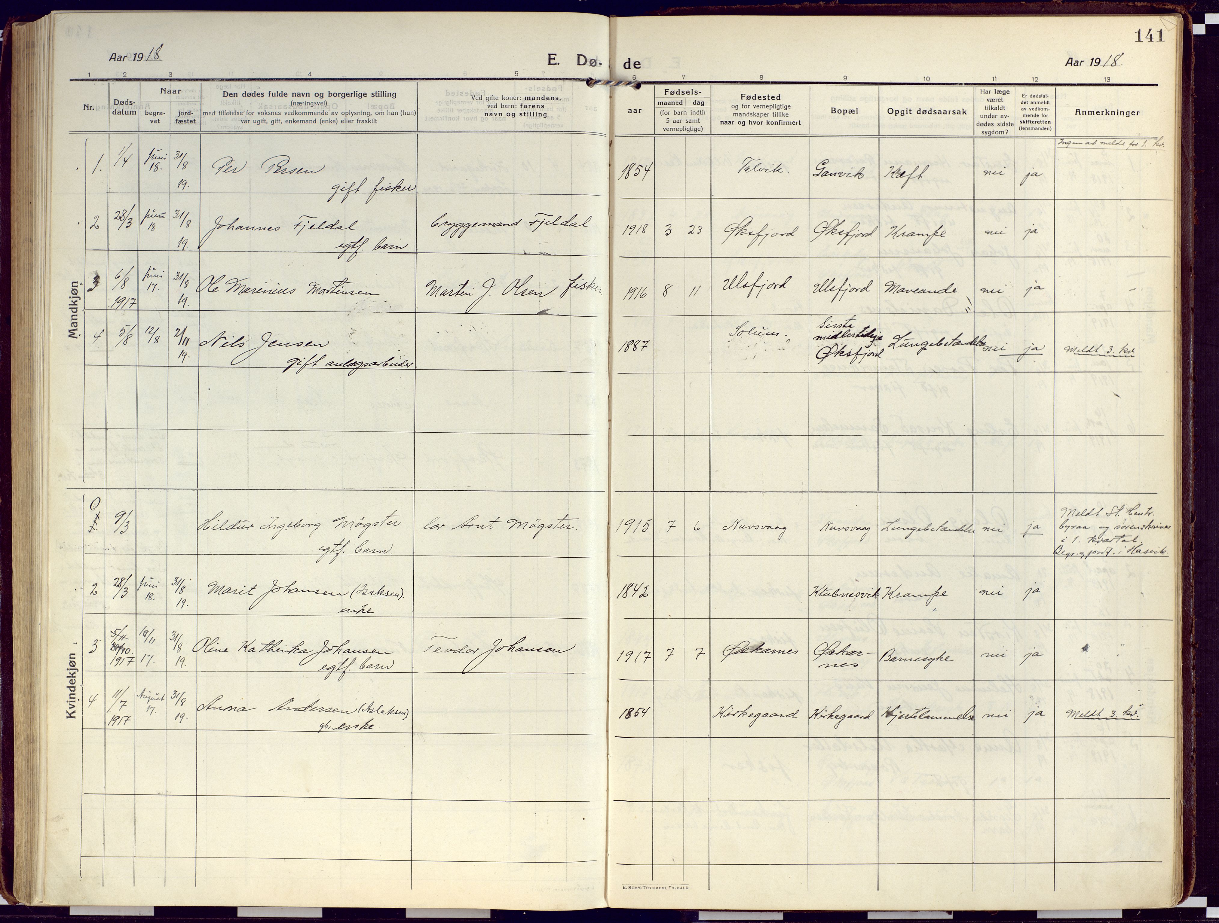 Loppa sokneprestkontor, AV/SATØ-S-1339/H/Ha/L0012kirke: Parish register (official) no. 12, 1917-1932, p. 141