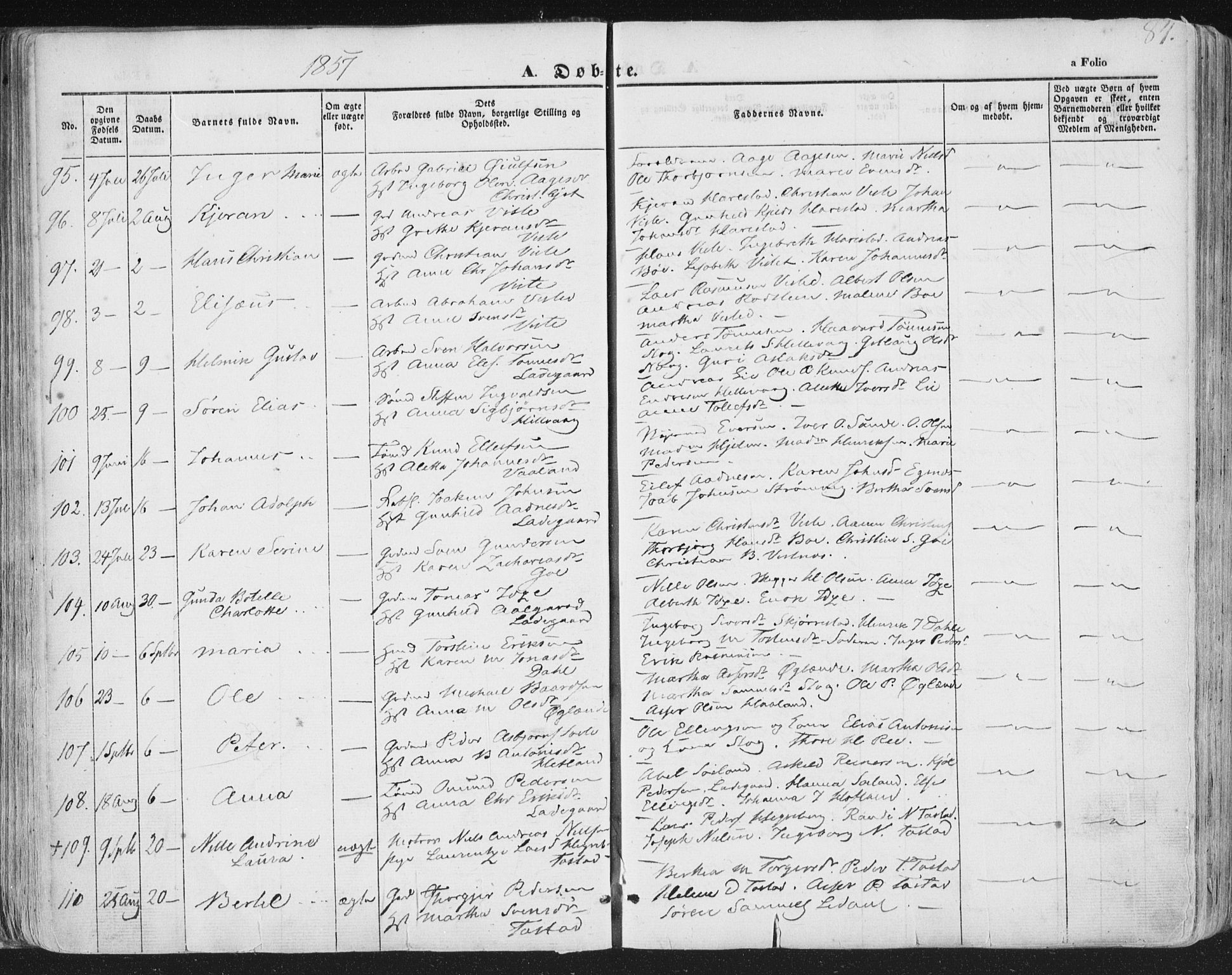 Hetland sokneprestkontor, AV/SAST-A-101826/30/30BA/L0002: Parish register (official) no. A 2, 1849-1869, p. 84