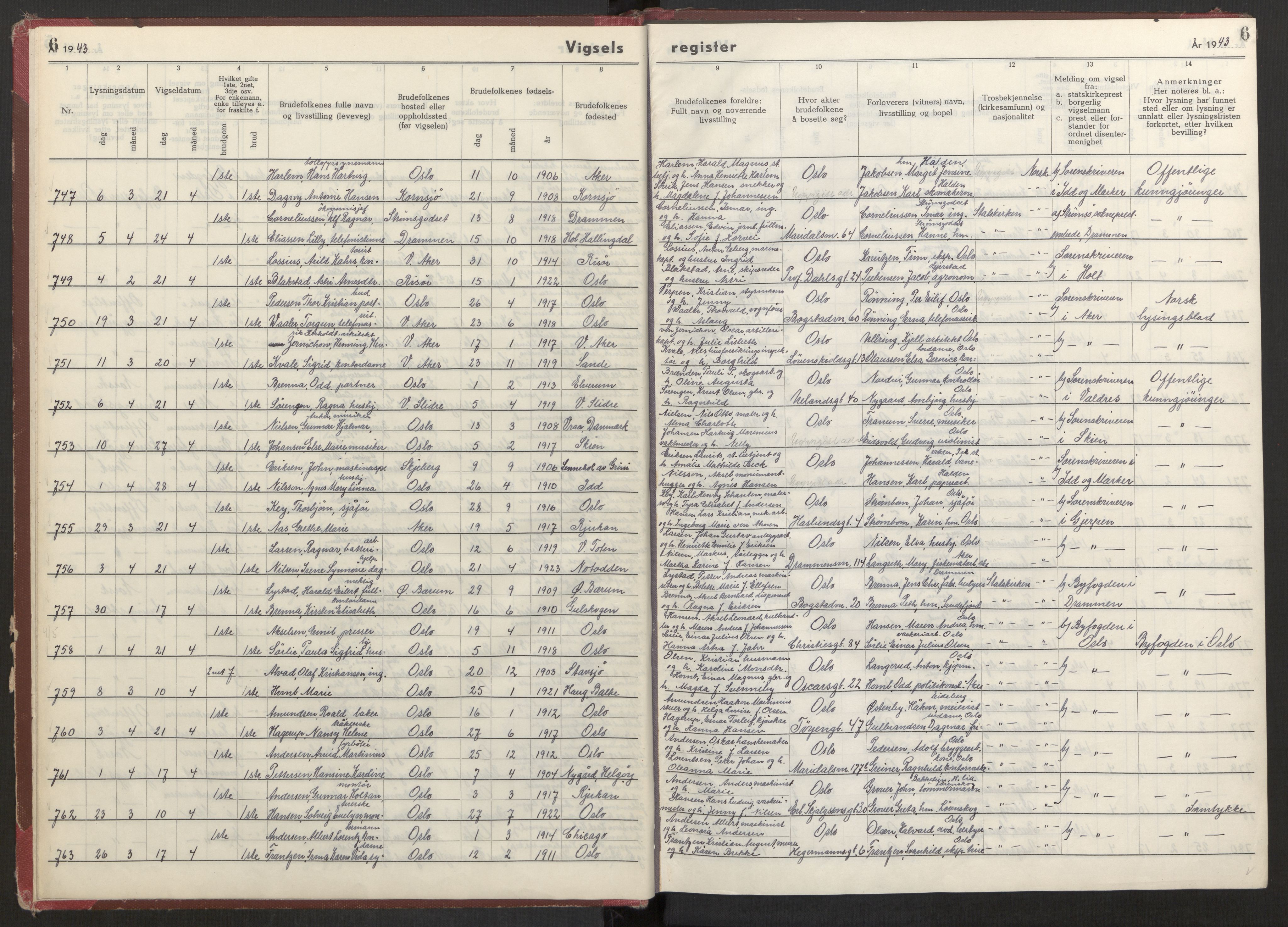 Oslo folkeregister, AV/SAO-A-10991/G/Ga/L0004: Vigselsregister for Oslo, 1943-1944, p. 6