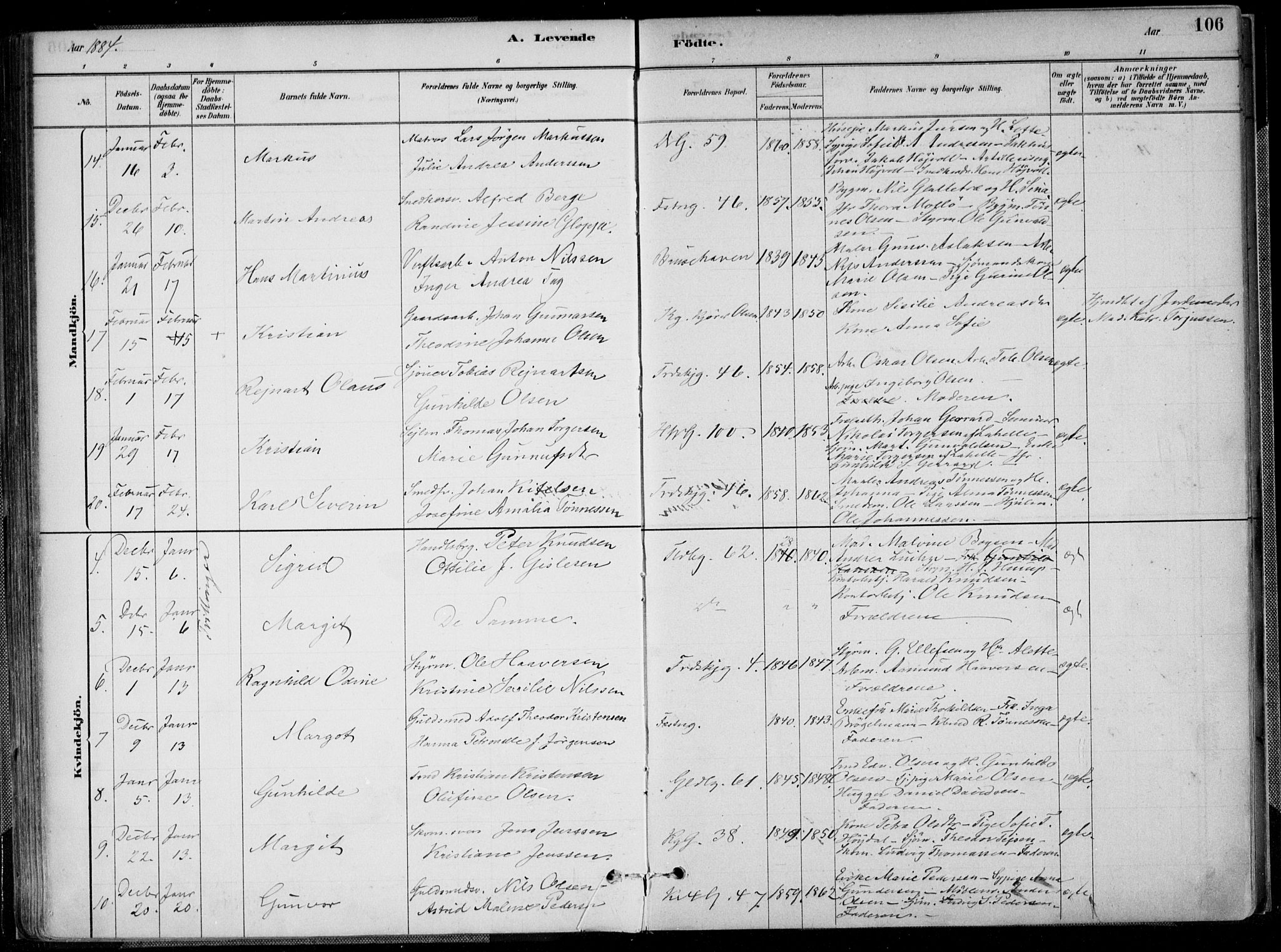 Kristiansand domprosti, AV/SAK-1112-0006/F/Fa/L0016: Parish register (official) no. A 16A, 1880-1890, p. 106